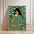 Green Tea Wall Art, Botanical Woman Painting, Modern Figurative Art Print, Green Maximalist Decor, Contemporary Female Portrait, Trendy Art
