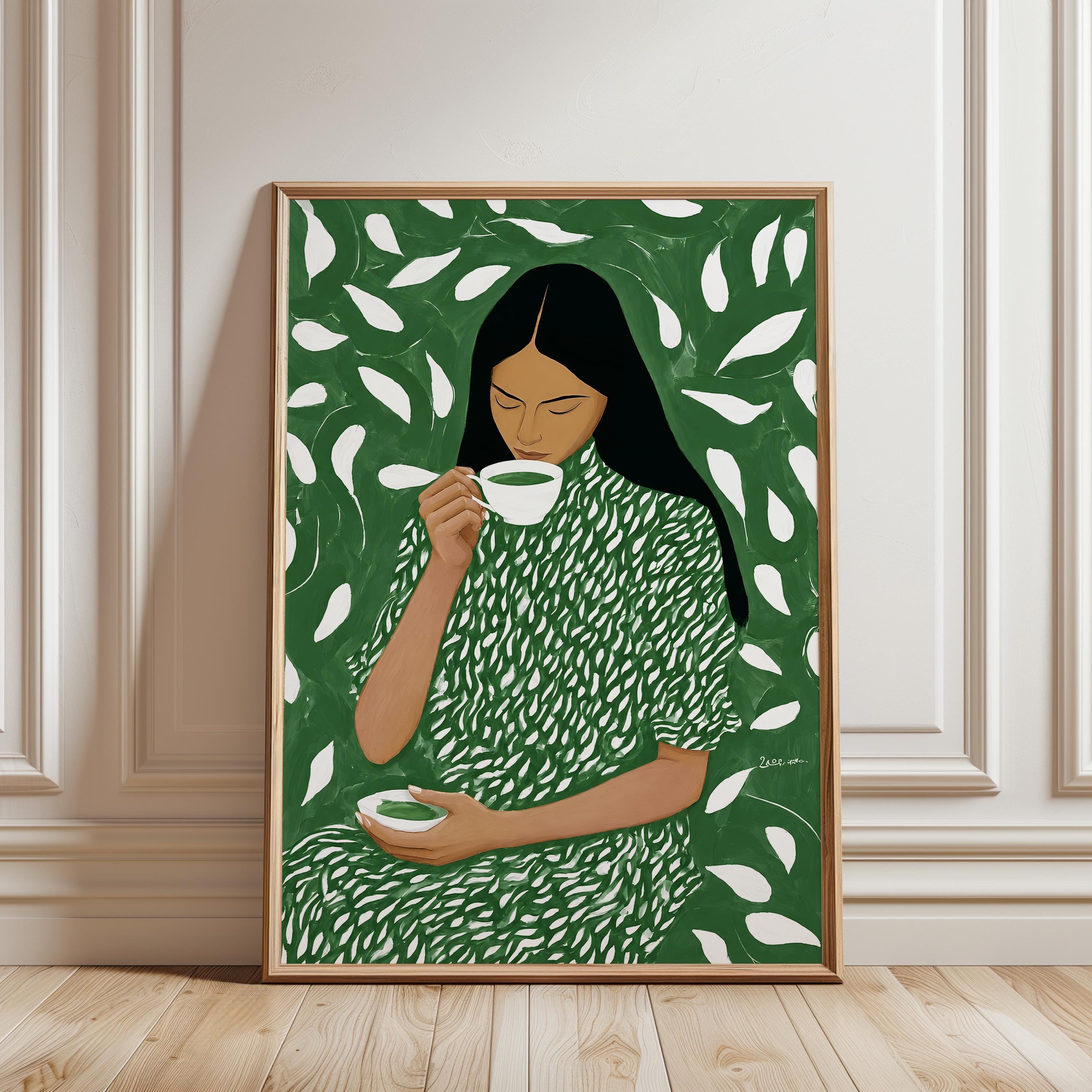 Green Tea Wall Art, Botanical Woman Painting, Modern Figurative Art Print, Green Maximalist Decor, Contemporary Female Portrait, Trendy Art