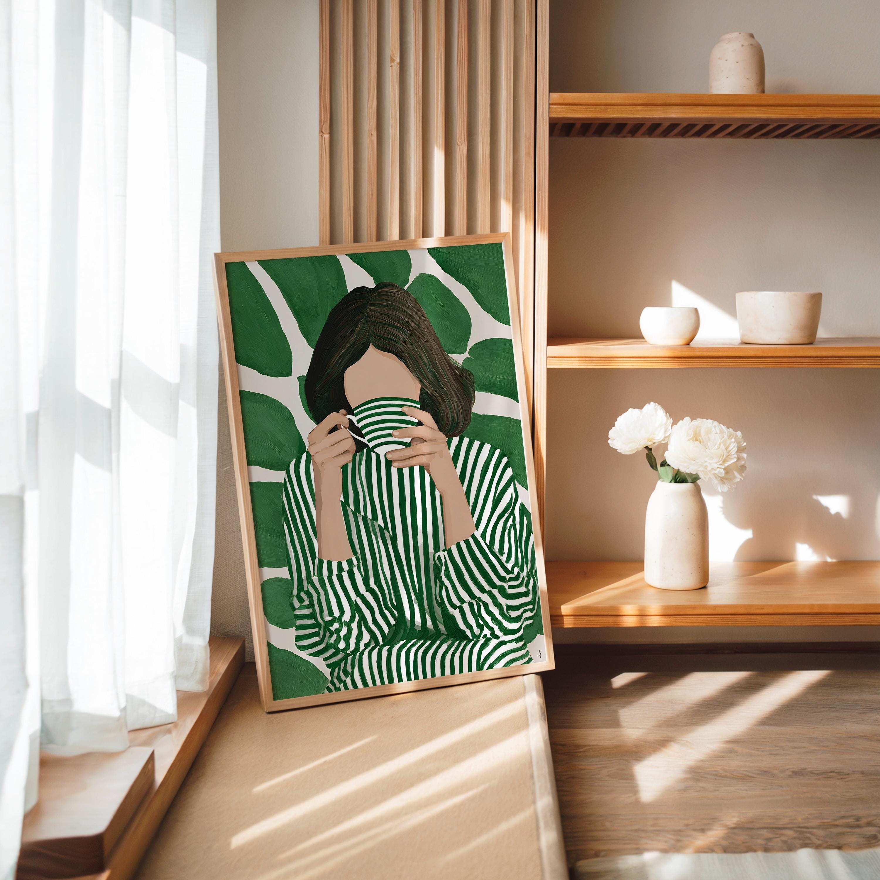 Green Botanical Wall Art, Modern Figurative Art Print, Abstract Woman Painting, Contemporary Portrait Poster, Maximalist Green Decor, Trendy
