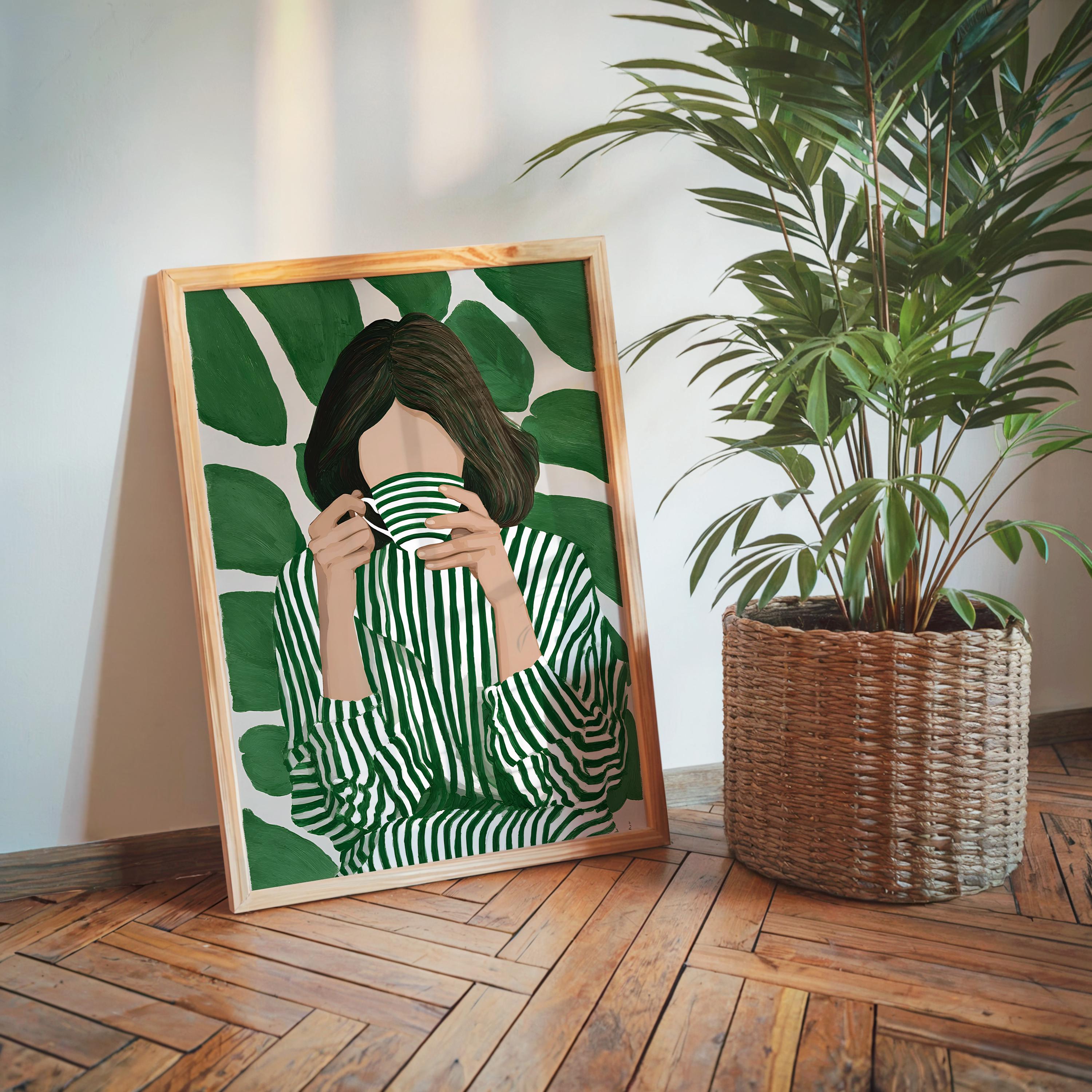 Green Botanical Wall Art, Modern Figurative Art Print, Abstract Woman Painting, Contemporary Portrait Poster, Maximalist Green Decor, Trendy