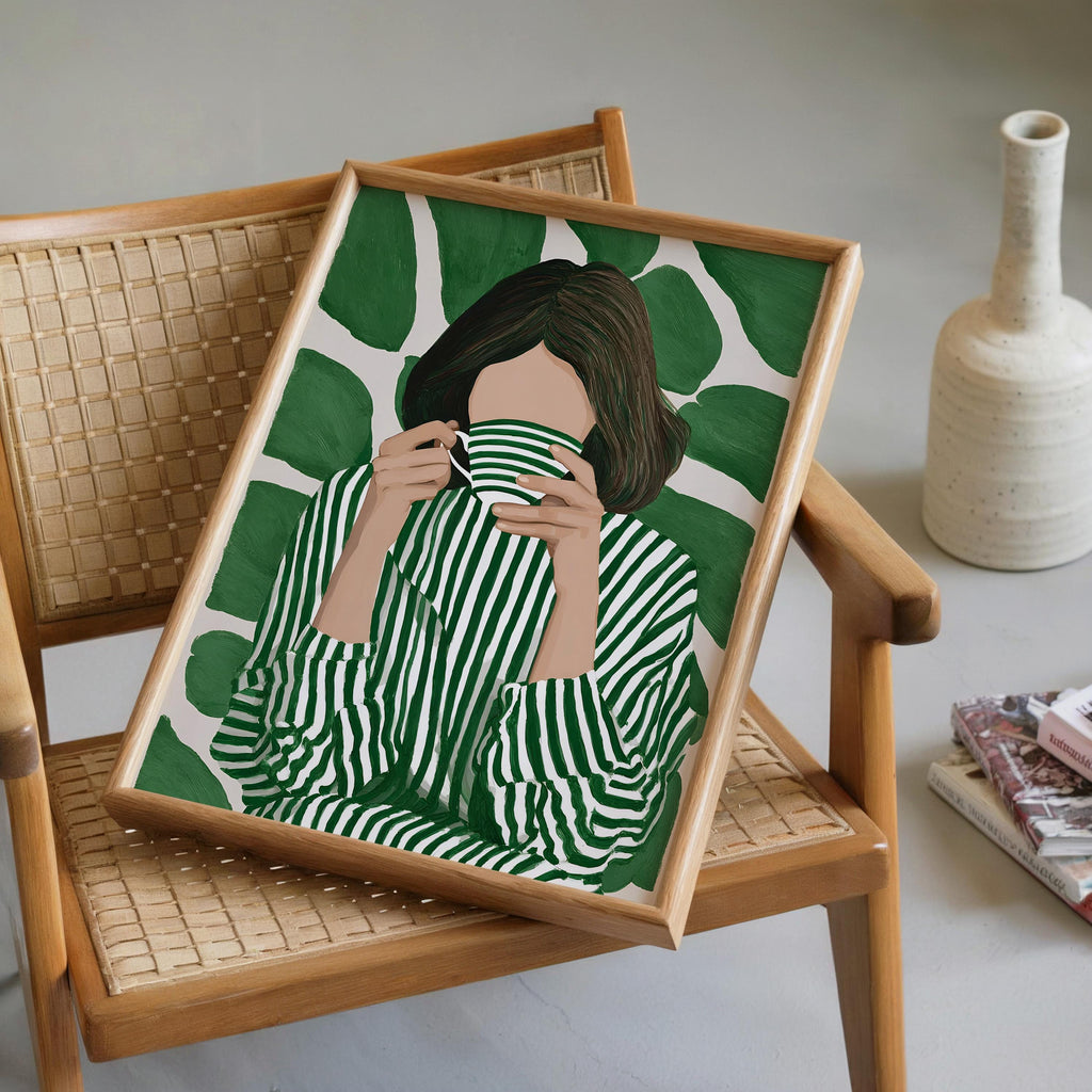 Green Botanical Wall Art, Modern Figurative Art Print, Abstract Woman Painting, Contemporary Portrait Poster, Maximalist Green Decor, Trendy