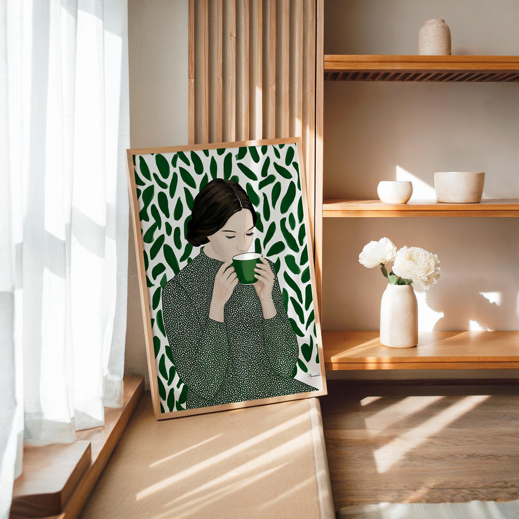 Green Tea Wall Art, Botanical Woman Painting, Coffee Lover Decor, Modern Figurative Art Print, Contemporary Female Portrait, Trendy Print