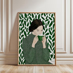 Green Tea Wall Art, Botanical Woman Painting, Coffee Lover Decor, Modern Figurative Art Print, Contemporary Female Portrait, Trendy Print