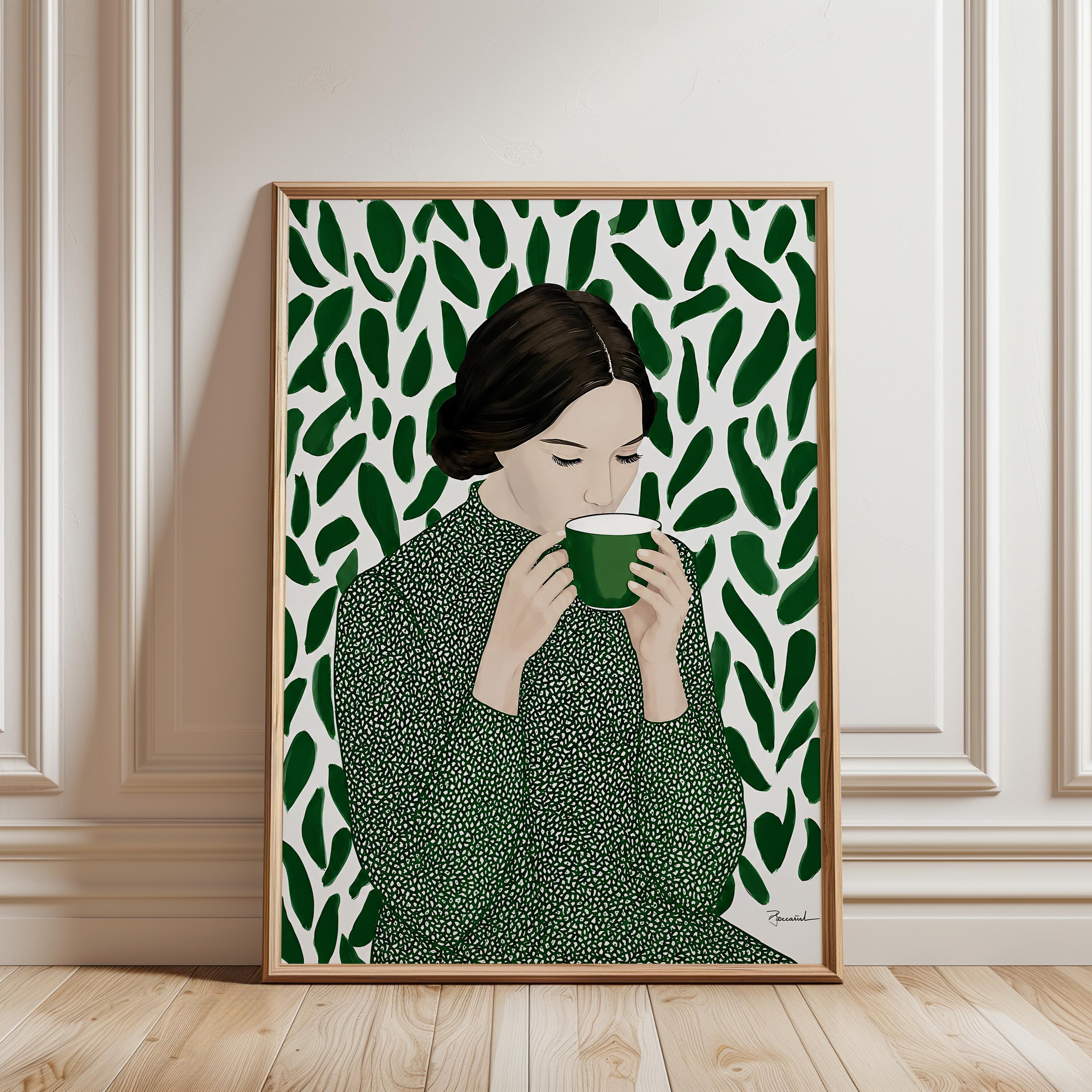 Green Tea Wall Art, Botanical Woman Painting, Coffee Lover Decor, Modern Figurative Art Print, Contemporary Female Portrait, Trendy Print