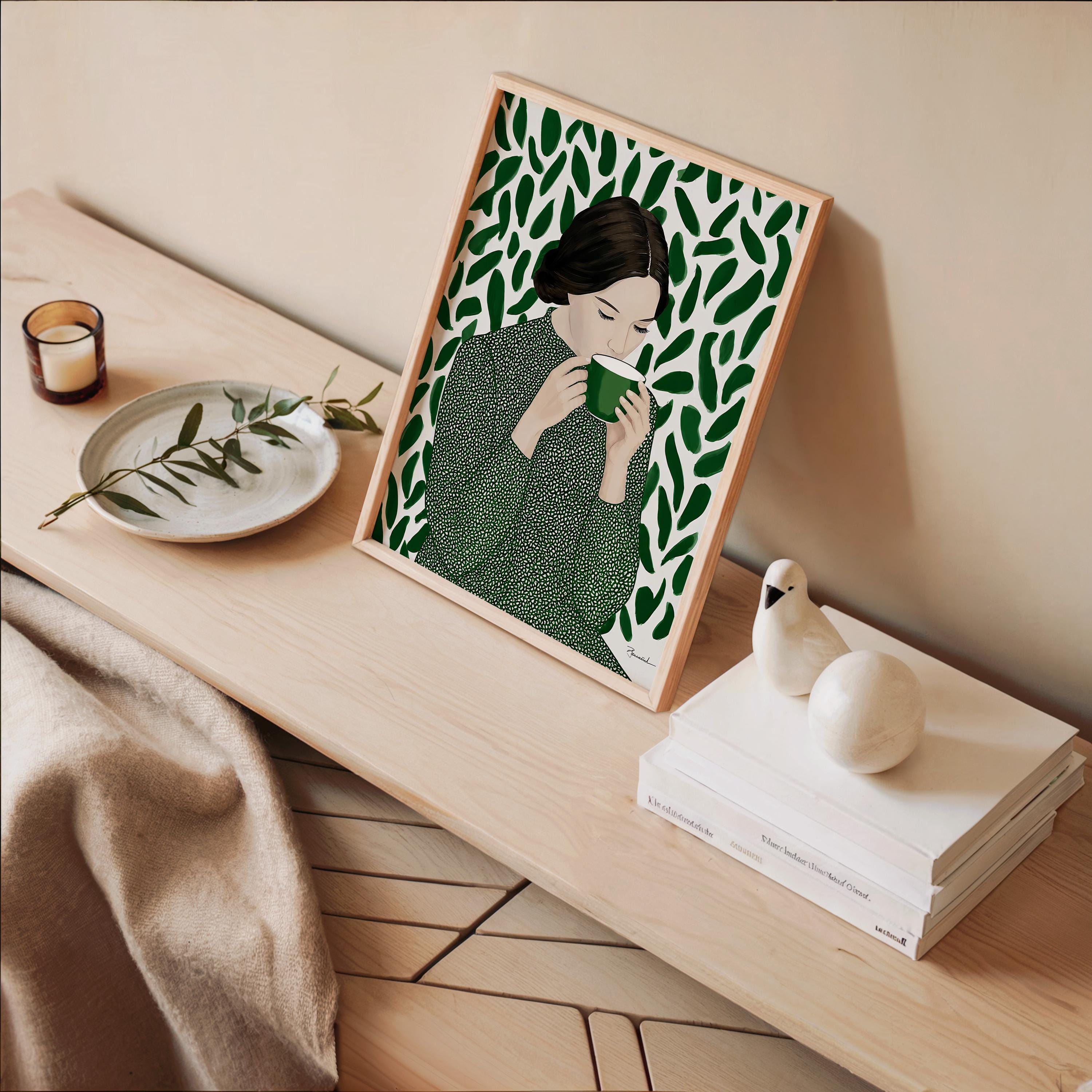 Green Tea Wall Art, Botanical Woman Painting, Coffee Lover Decor, Modern Figurative Art Print, Contemporary Female Portrait, Trendy Print
