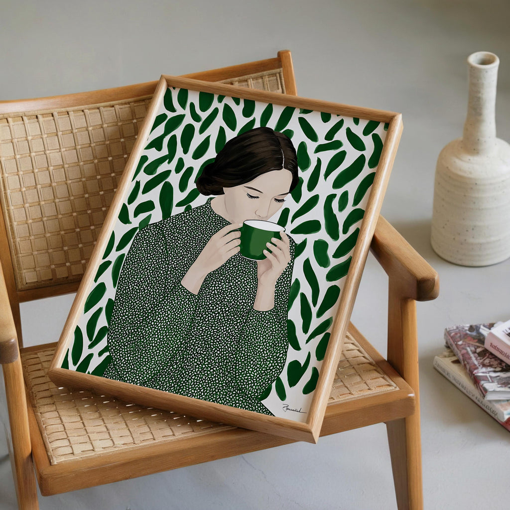 Green Tea Wall Art, Botanical Woman Painting, Coffee Lover Decor, Modern Figurative Art Print, Contemporary Female Portrait, Trendy Print