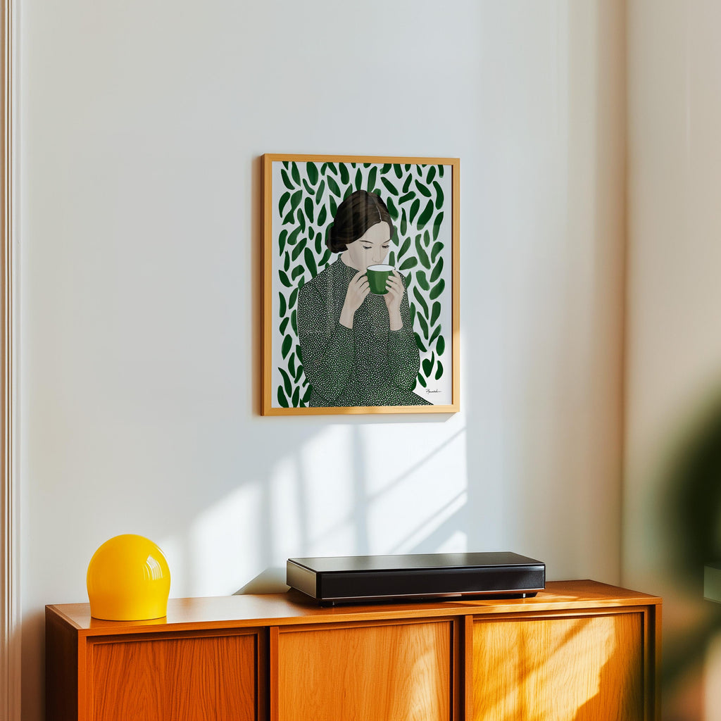 Green Tea Wall Art, Botanical Woman Painting, Coffee Lover Decor, Modern Figurative Art Print, Contemporary Female Portrait, Trendy Print