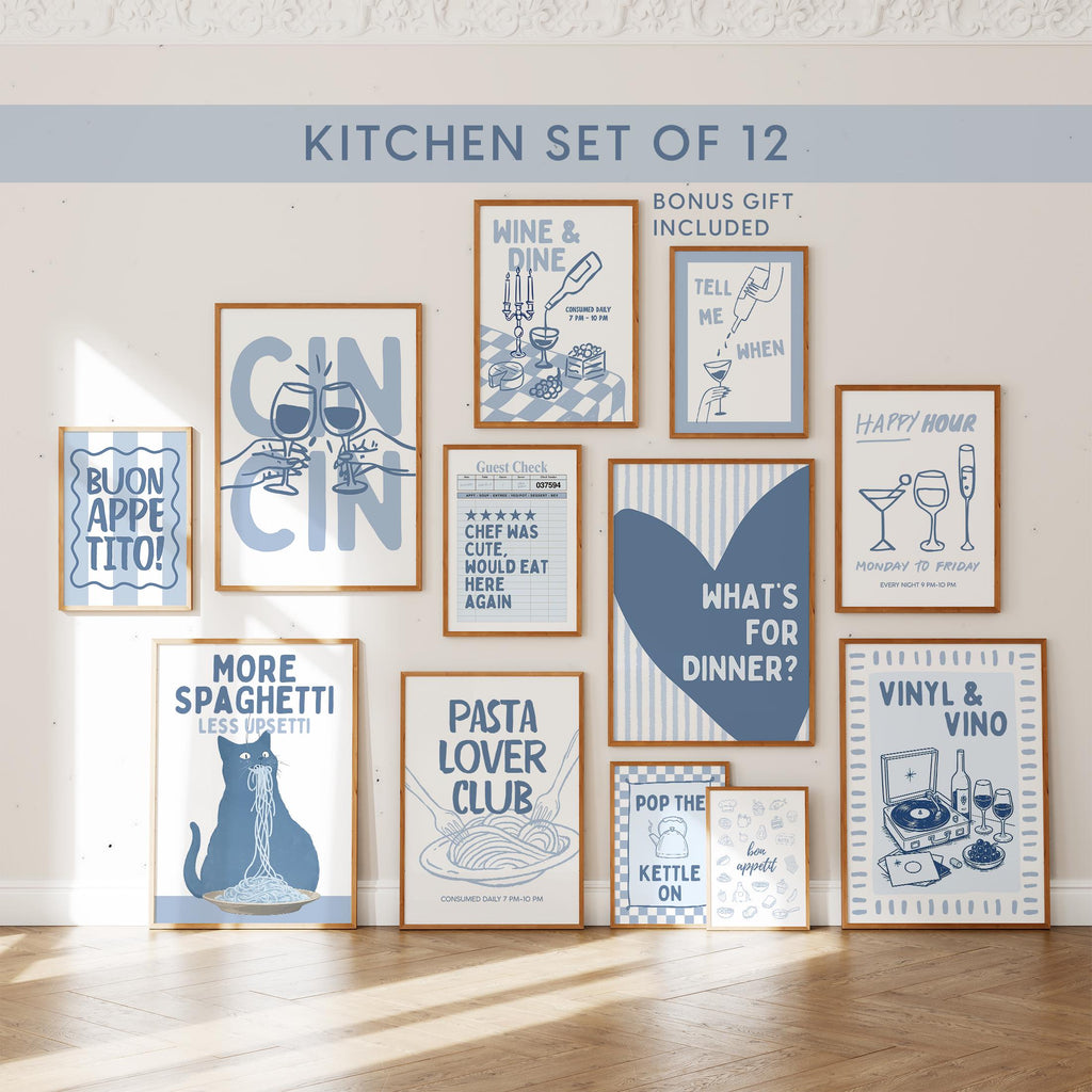 Kitchen Wall Art Set of 12, Italian Kitchen Prints, Retro Food Poster Bundle, Pasta & Wine Gallery Wall, Blue Kitchen Decor, Printable Art