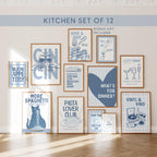 Kitchen Wall Art Set of 12, Italian Kitchen Prints, Retro Food Poster Bundle, Pasta & Wine Gallery Wall, Blue Kitchen Decor, Printable Art