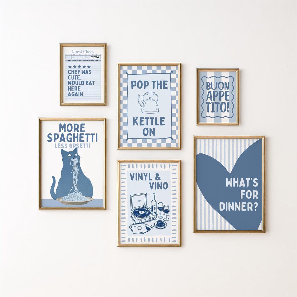 Kitchen Wall Art Set of 12, Italian Kitchen Prints, Retro Food Poster Bundle, Pasta & Wine Gallery Wall, Blue Kitchen Decor, Printable Art
