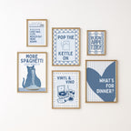 Kitchen Wall Art Set of 12, Italian Kitchen Prints, Retro Food Poster Bundle, Pasta & Wine Gallery Wall, Blue Kitchen Decor, Printable Art