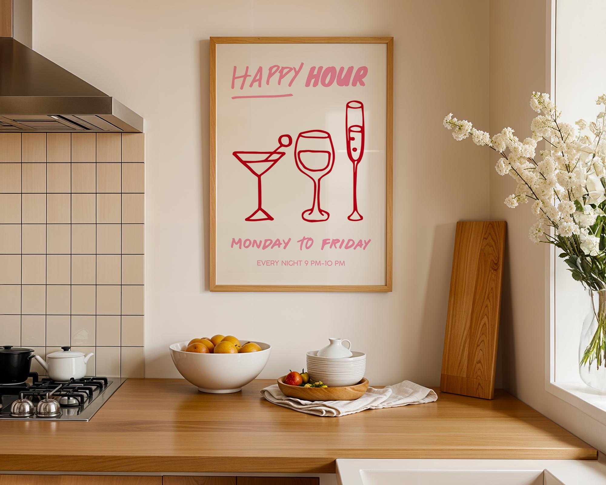 Bar Cart Wall Art Set of 6, Pink Cocktail Prints, Wine Bar Decor, Retro Martini Gallery Wall, Maximalist Kitchen Printable Art Bundle