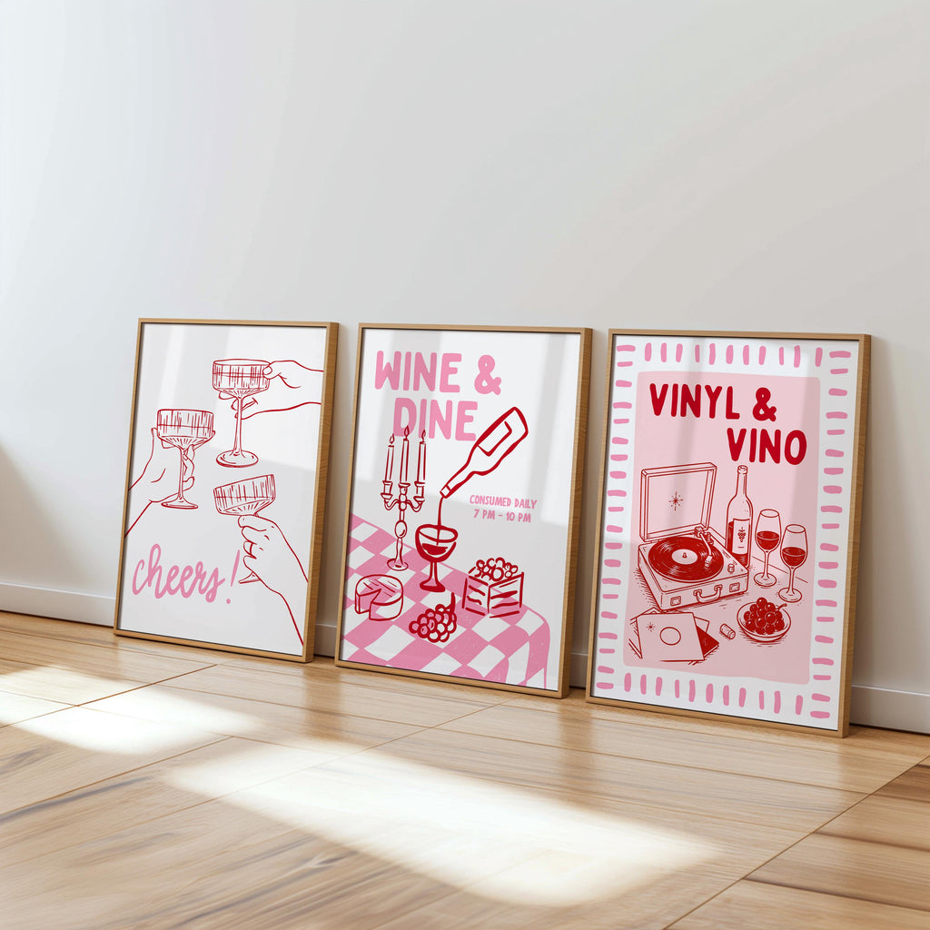 Bar Cart Wall Art Set of 6, Pink Cocktail Prints, Wine Bar Decor, Retro Martini Gallery Wall, Maximalist Kitchen Printable Art Bundle