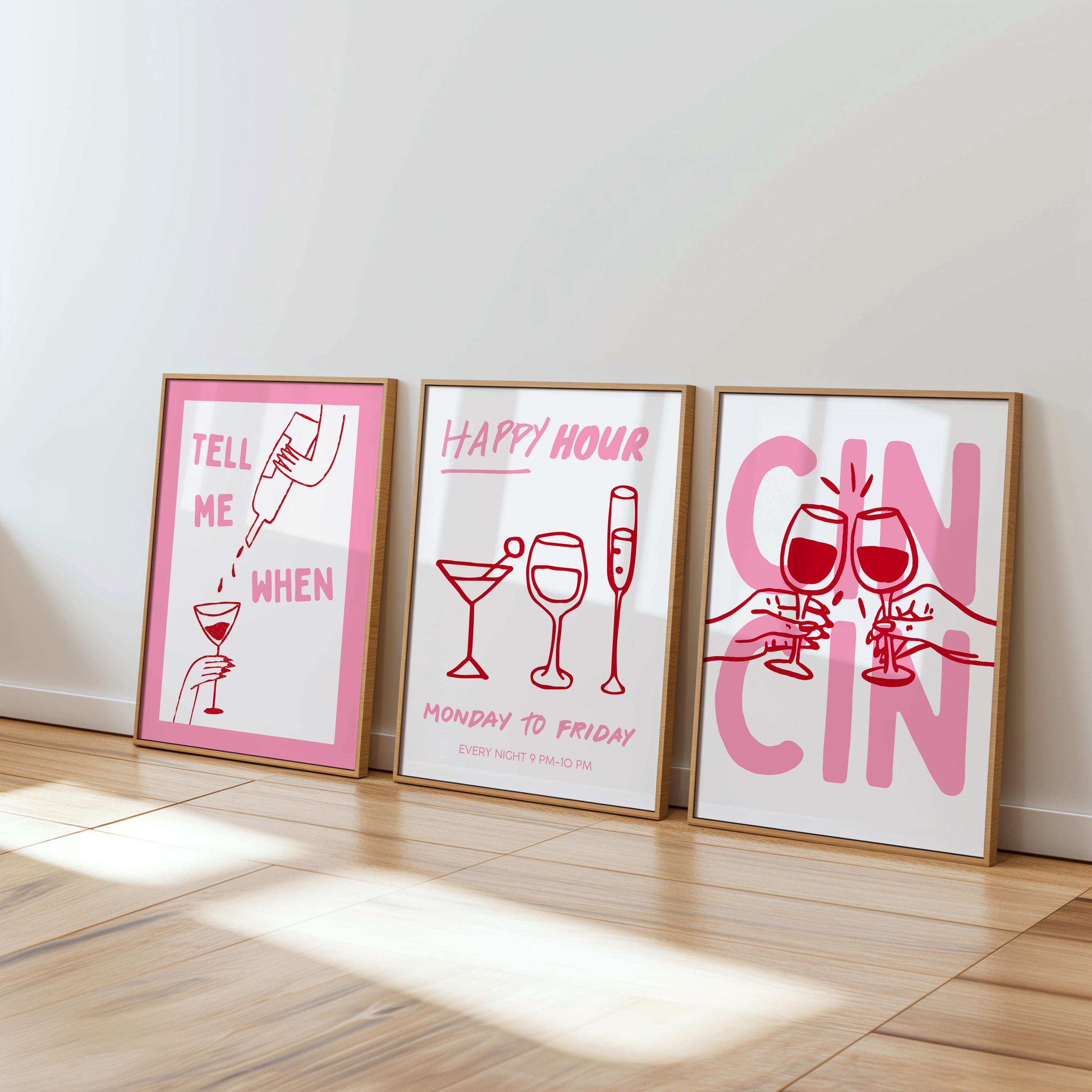 Bar Cart Wall Art Set of 6, Pink Cocktail Prints, Wine Bar Decor, Retro Martini Gallery Wall, Maximalist Kitchen Printable Art Bundle