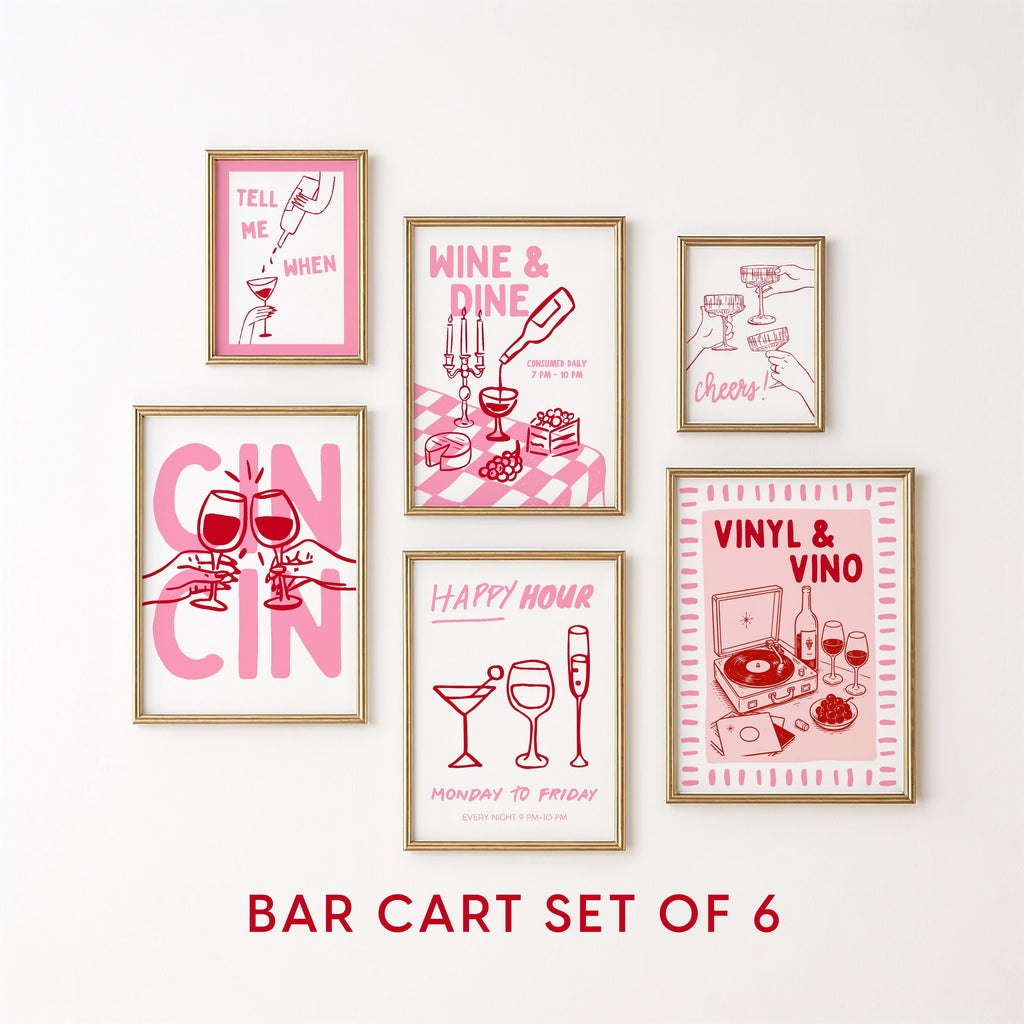 Bar Cart Wall Art Set of 6, Pink Cocktail Prints, Wine Bar Decor, Retro Martini Gallery Wall, Maximalist Kitchen Printable Art Bundle