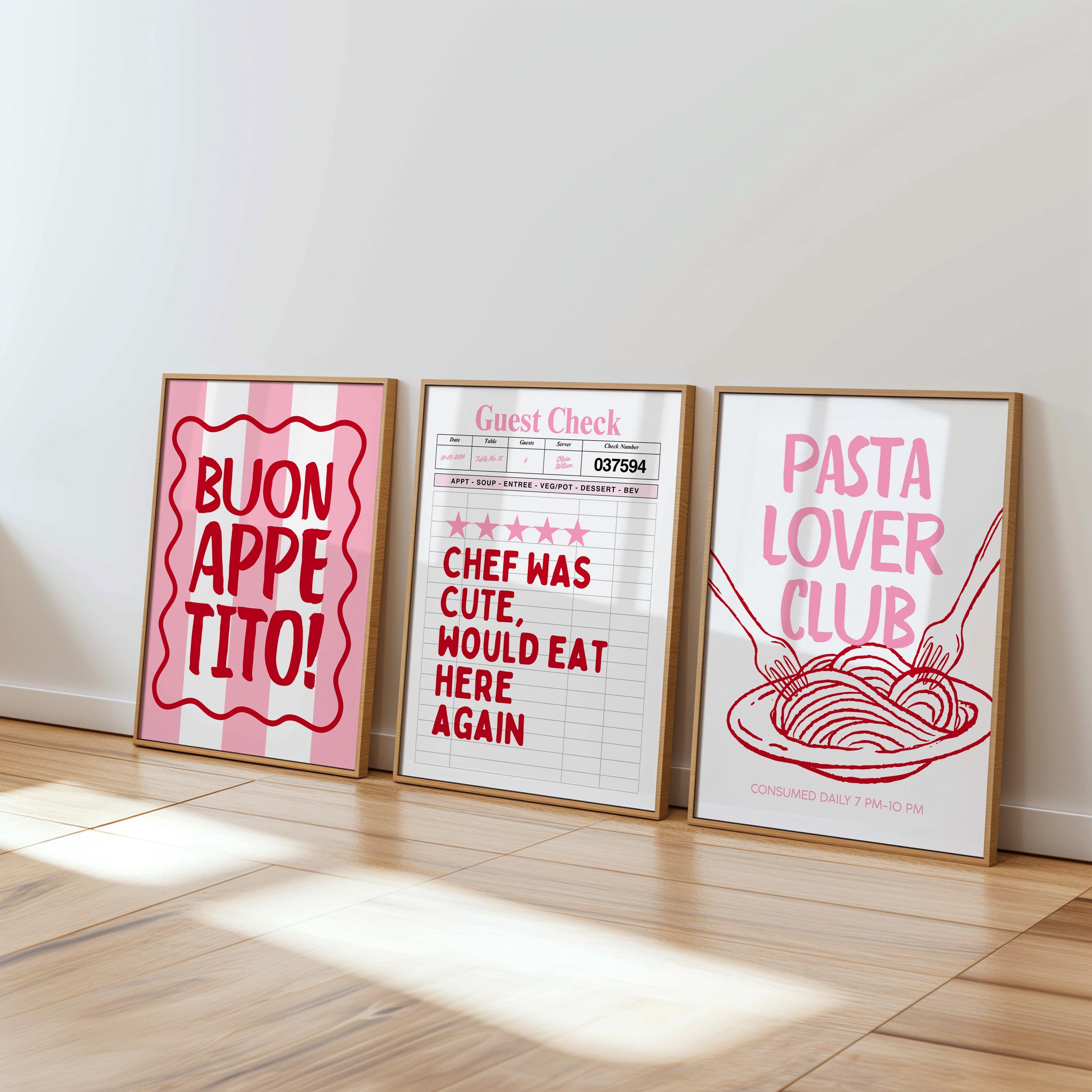 Pink Kitchen Wall Art Set of 6, Girly Kitchen Prints, Coquette Food Poster Bundle, Cute Kitchen Gallery Wall, Retro Printable Decor