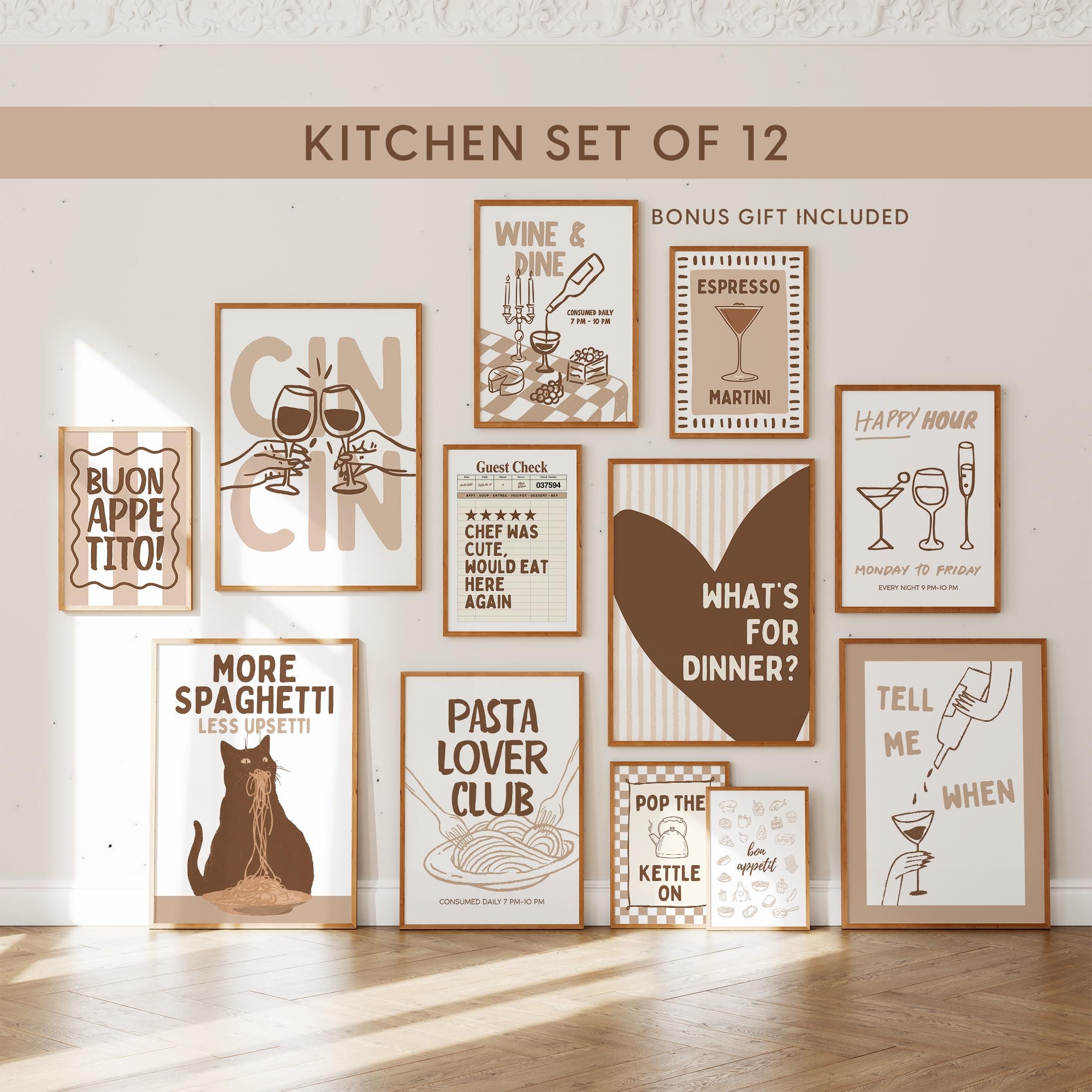 Italian Kitchen Wall Art Set of 12, Espresso Martini Print Bundle, Pasta Lover Club Decor, Cafe Gallery Wall Set, Maximalist Kitchen Decor
