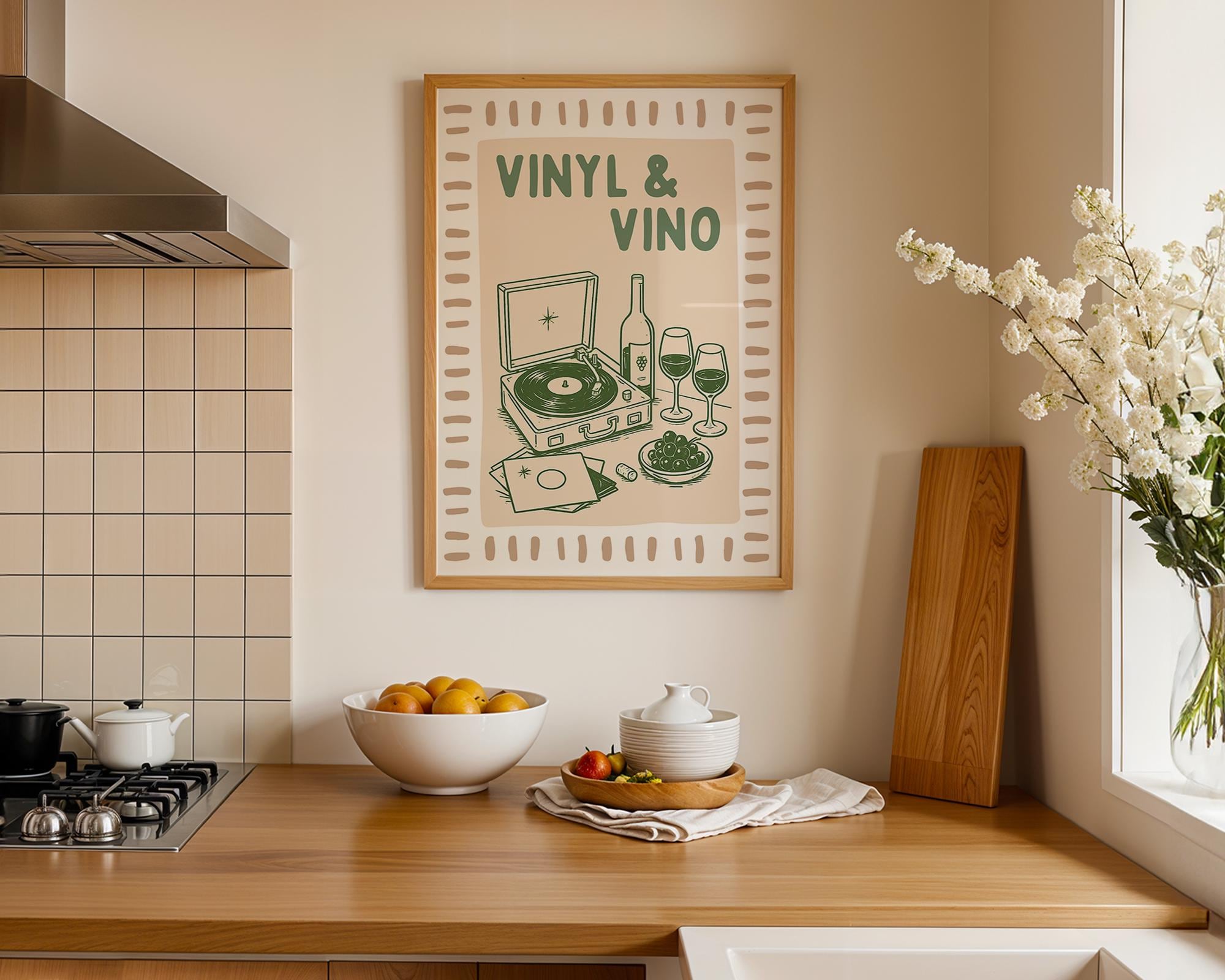 Sage Green Bar Cart Wall Art Set of 6, Wine & Vinyl Prints, Cocktail Bar Decor, Retro Gallery Wall, Printable Bar Cart Art, Vinyl Vino Art