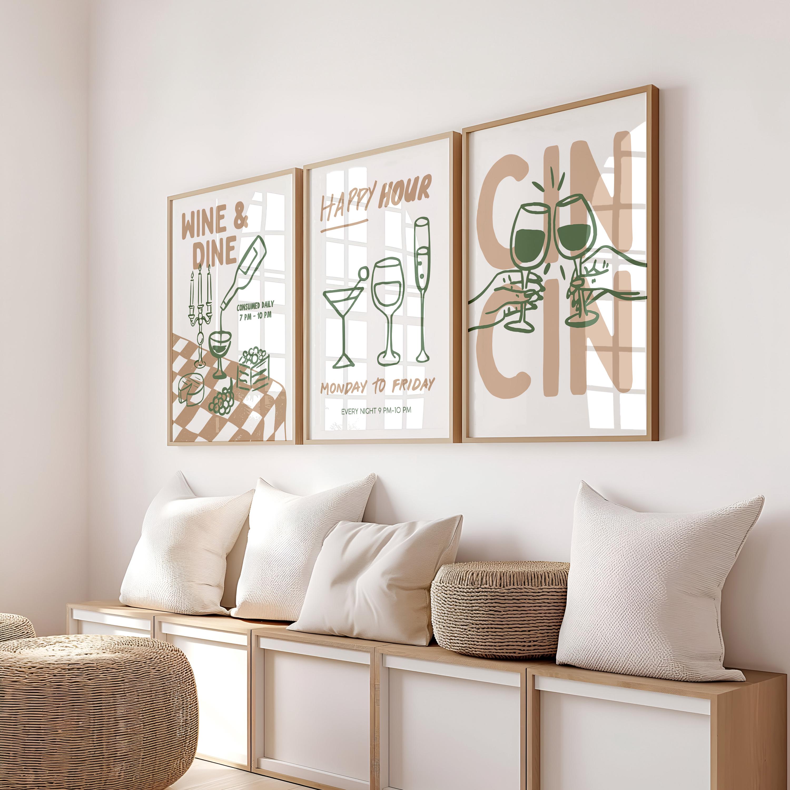 Sage Green Bar Cart Wall Art Set of 6, Wine & Vinyl Prints, Cocktail Bar Decor, Retro Gallery Wall, Printable Bar Cart Art, Vinyl Vino Art