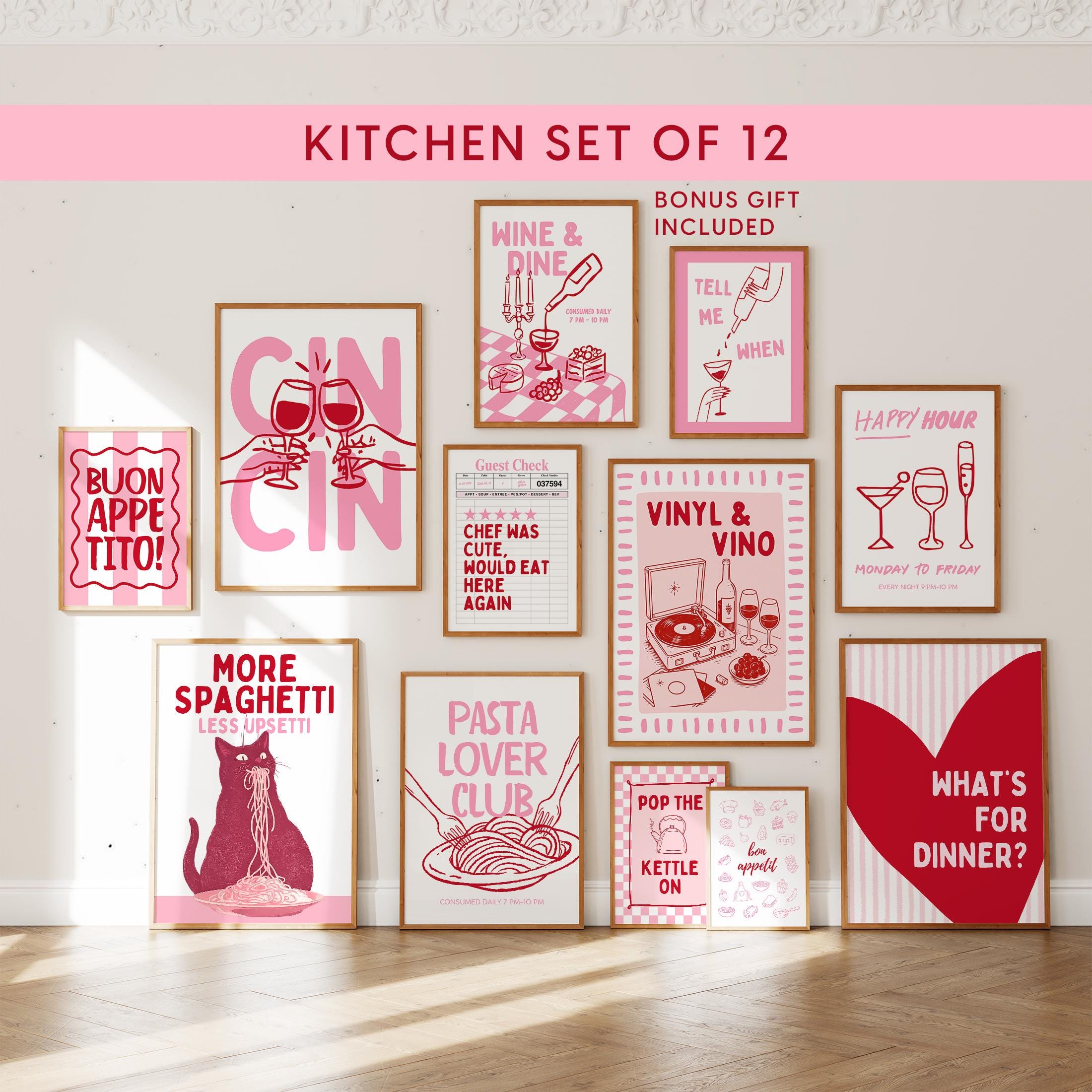 Pink Kitchen Wall Art Set of 12, Coquette Kitchen Decor, Pasta Lover Club Prints, Wine and Dine Poster Set, Girly Kitchen Gallery Wall