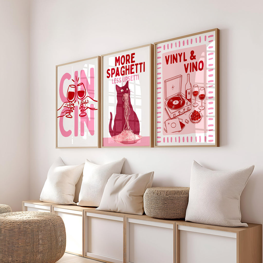 Pink Kitchen Wall Art Set of 12, Coquette Kitchen Decor, Pasta Lover Club Prints, Wine and Dine Poster Set, Girly Kitchen Gallery Wall