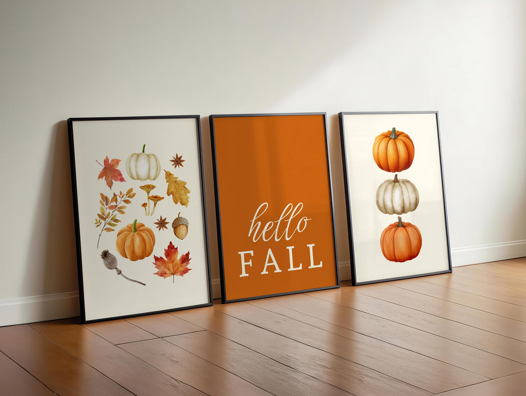 Fall Wall Art Set of 3, Pumpkin Wall Decor, Hello Fall Prints, Autumn Gallery Wall, Thanksgiving Decor, Kitchen Decor, Printable Wall Art