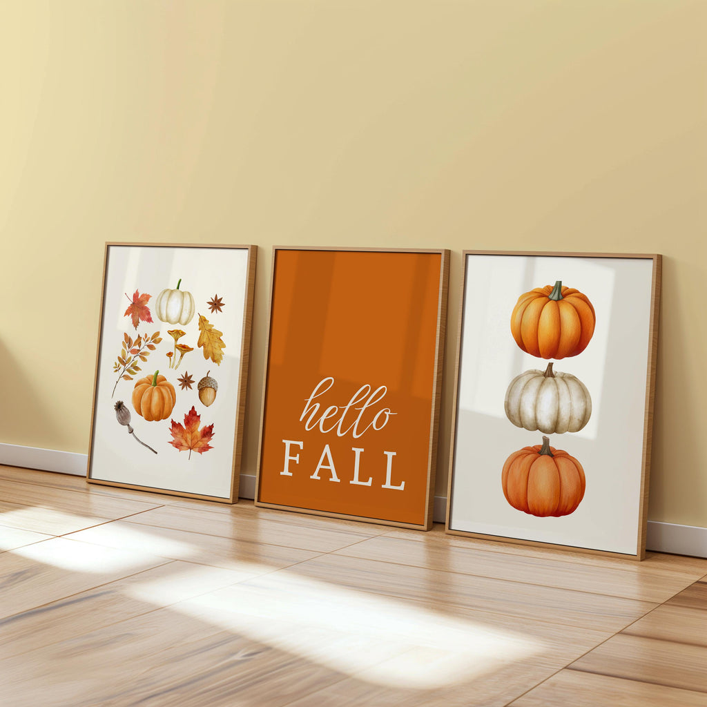 Fall Wall Art Set of 3, Pumpkin Wall Decor, Hello Fall Prints, Autumn Gallery Wall, Thanksgiving Decor, Kitchen Decor, Printable Wall Art
