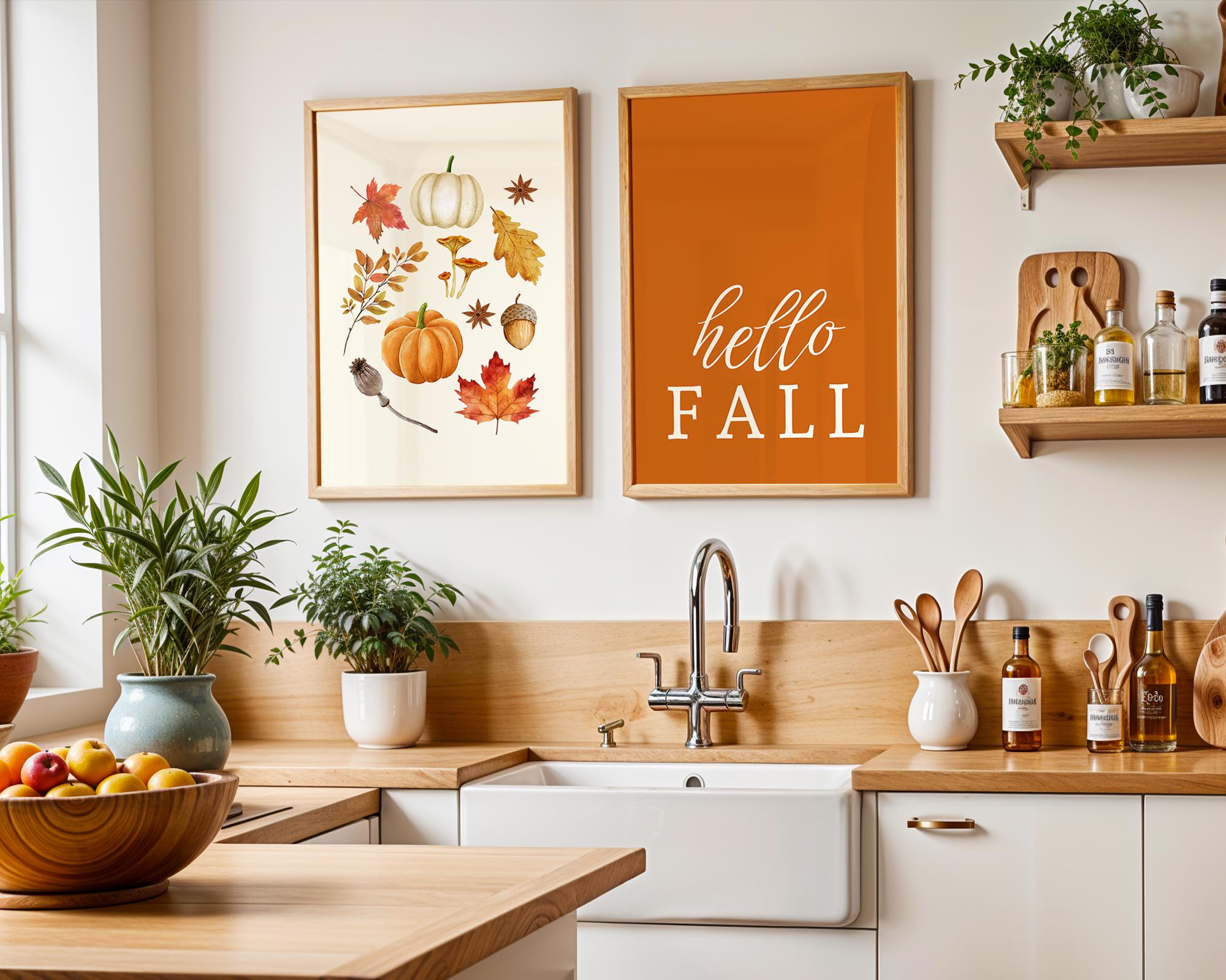 Fall Wall Art Set of 3, Pumpkin Wall Decor, Hello Fall Prints, Autumn Gallery Wall, Thanksgiving Decor, Kitchen Decor, Printable Wall Art