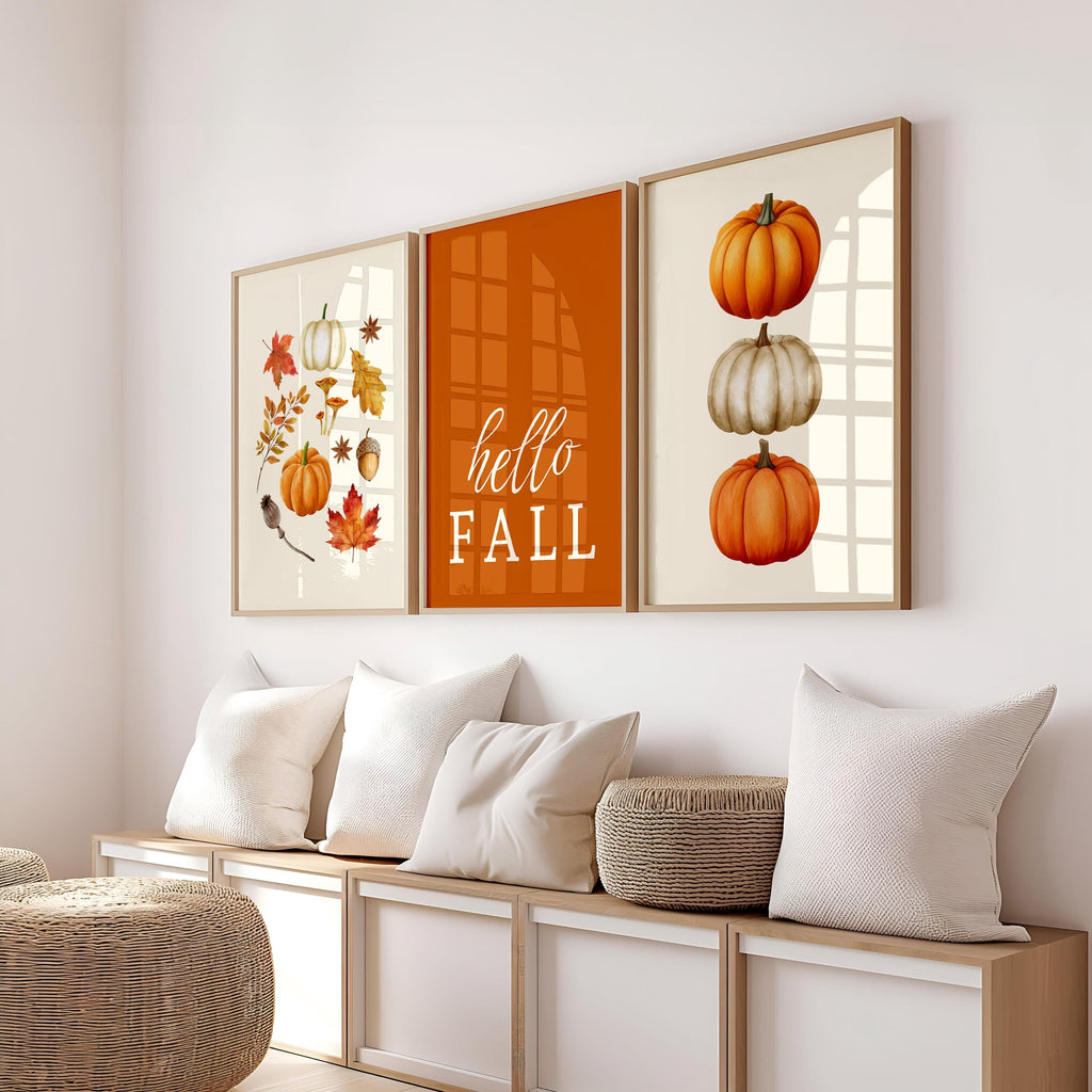 Fall Wall Art Set of 3, Pumpkin Wall Decor, Hello Fall Prints, Autumn Gallery Wall, Thanksgiving Decor, Kitchen Decor, Printable Wall Art
