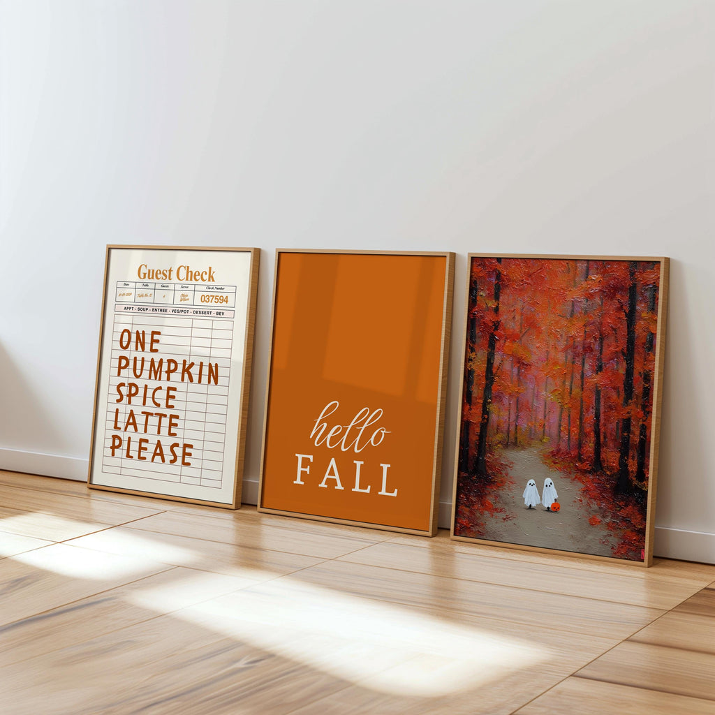 Halloween Wall Art Set of 8, Ghost Gallery Wall, Pumpkin Spice Latte Print, Spooky Cute Ghost Decor, Fall Printable, Autumn Wall Art Set