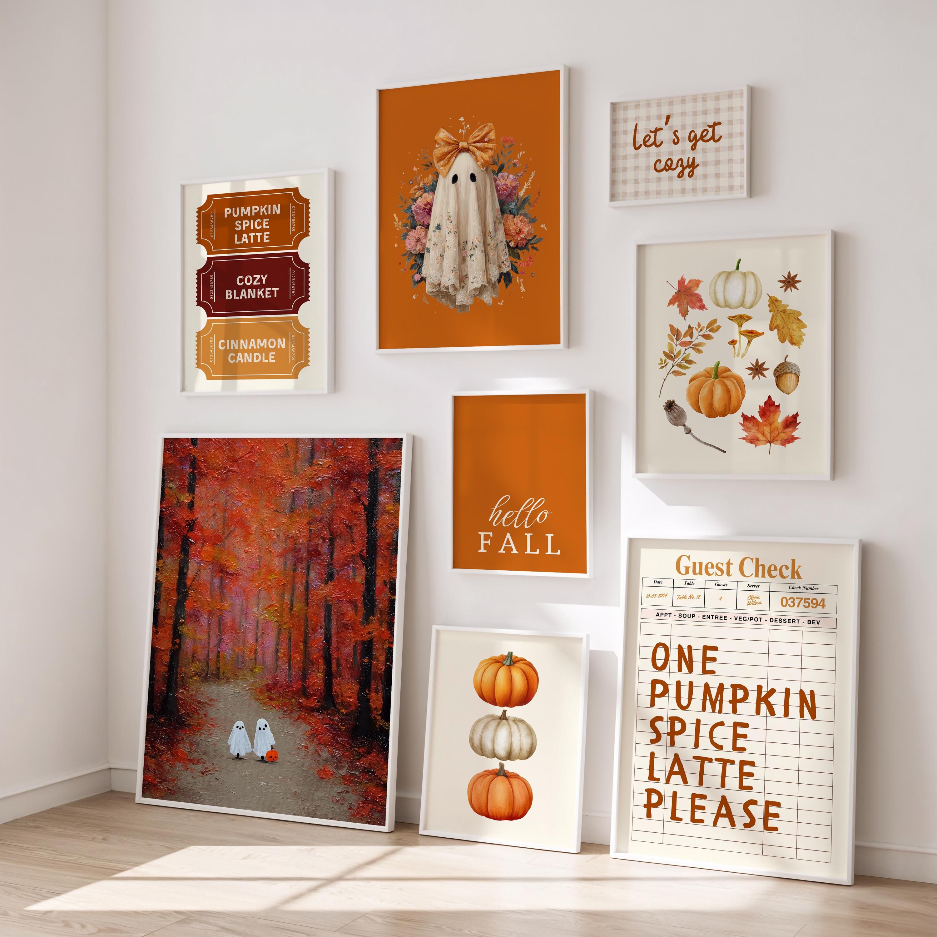 Halloween Wall Art Set of 8, Ghost Gallery Wall, Pumpkin Spice Latte Print, Spooky Cute Ghost Decor, Fall Printable, Autumn Wall Art Set