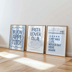 Blue Kitchen Wall Art Set, Pasta Lover Prints, Italian Kitchen Decor, Blue Kitchen Decor, Funny Cat Wall Art, Gallery Wall Set Printable