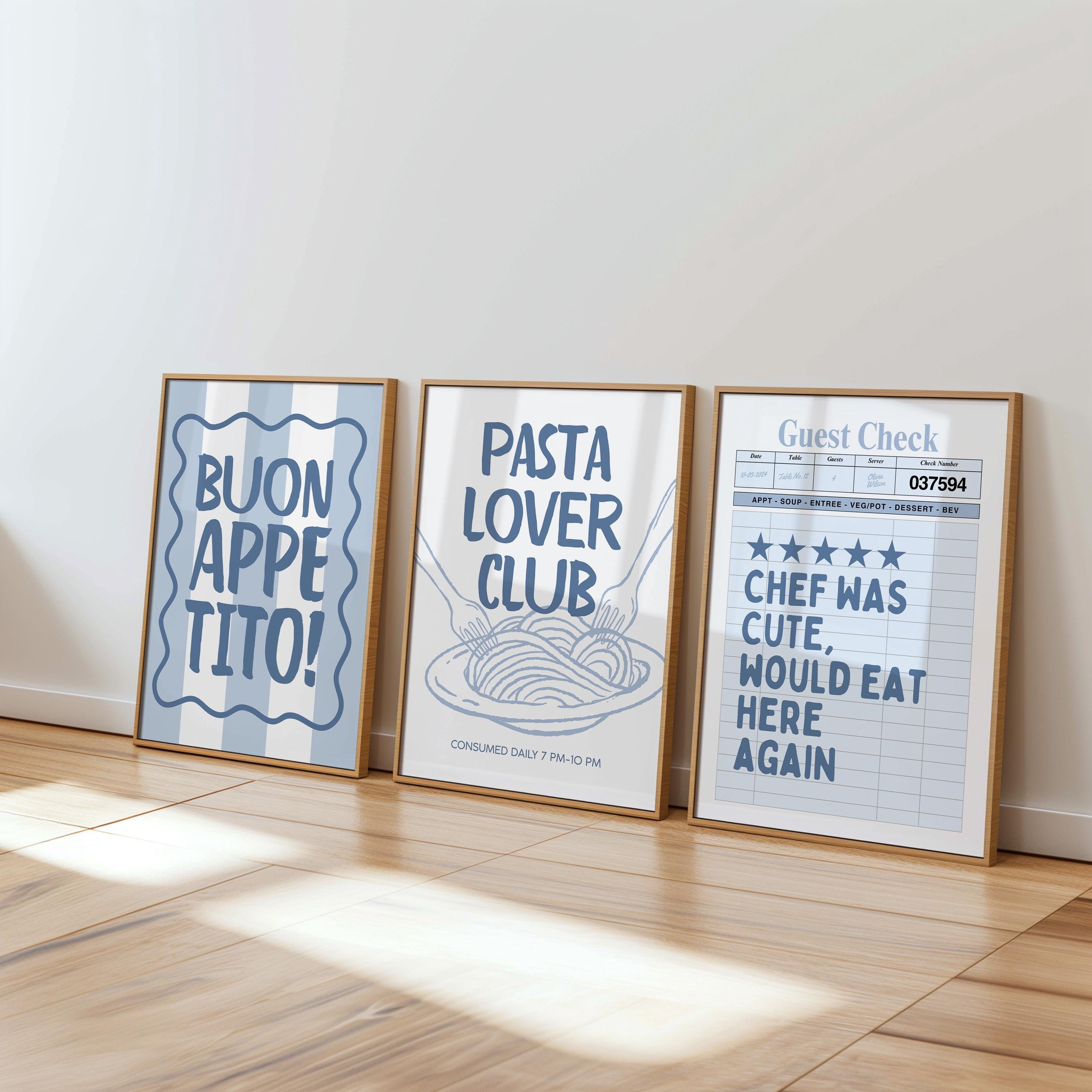 Blue Kitchen Wall Art Set, Pasta Lover Prints, Italian Kitchen Decor, Blue Kitchen Decor, Funny Cat Wall Art, Gallery Wall Set Printable