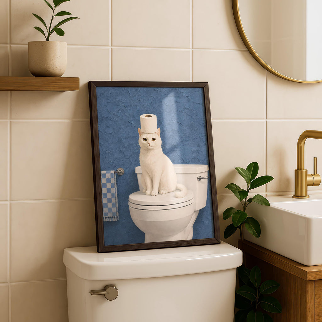Funny Cat Bathroom Print, White Cat Wall Art, Toilet Paper Cat Poster, Blue Bathroom Decor, Humorous Bathroom Art, Cat Lover Gift Printable