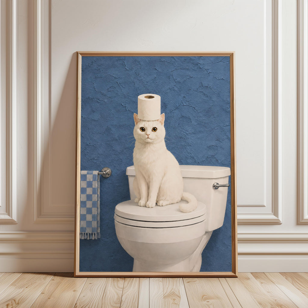 Funny Cat Bathroom Print, White Cat Wall Art, Toilet Paper Cat Poster, Blue Bathroom Decor, Humorous Bathroom Art, Cat Lover Gift Printable