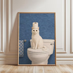 Funny Cat Bathroom Print, White Cat Wall Art, Toilet Paper Cat Poster, Blue Bathroom Decor, Humorous Bathroom Art, Cat Lover Gift Printable