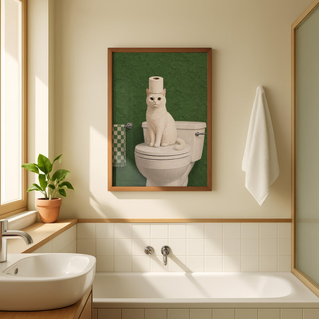 Funny Cat Bathroom Print, Green Bathroom Decor, White Cat Wall Art, Toilet Paper Cat Poster, Sage Green Bathroom Art, Humor Cat Lover Gift