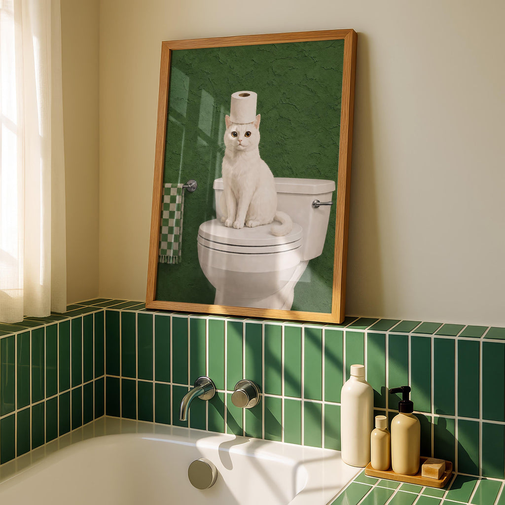 Funny Cat Bathroom Print, Green Bathroom Decor, White Cat Wall Art, Toilet Paper Cat Poster, Sage Green Bathroom Art, Humor Cat Lover Gift