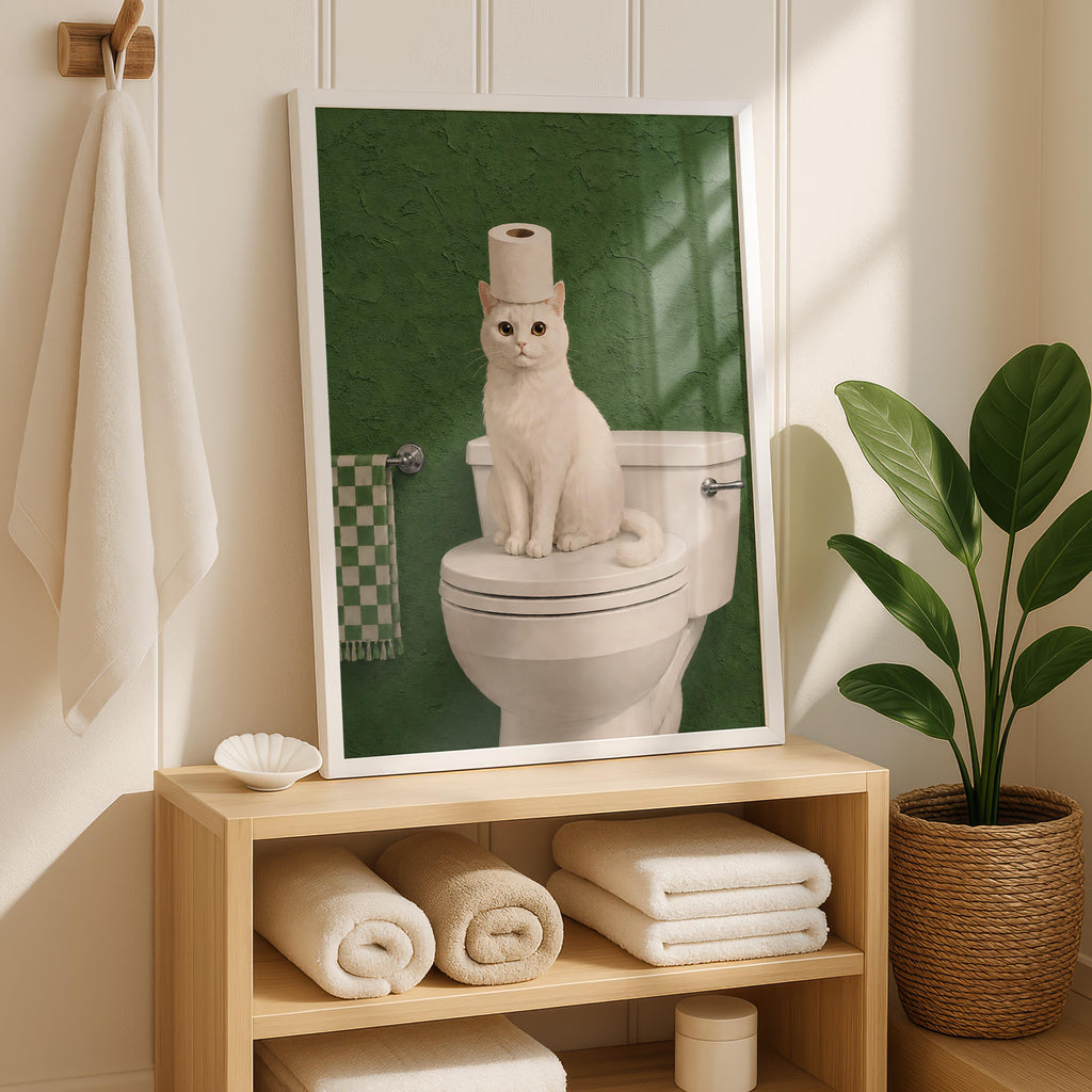 Funny Cat Bathroom Print, Green Bathroom Decor, White Cat Wall Art, Toilet Paper Cat Poster, Sage Green Bathroom Art, Humor Cat Lover Gift