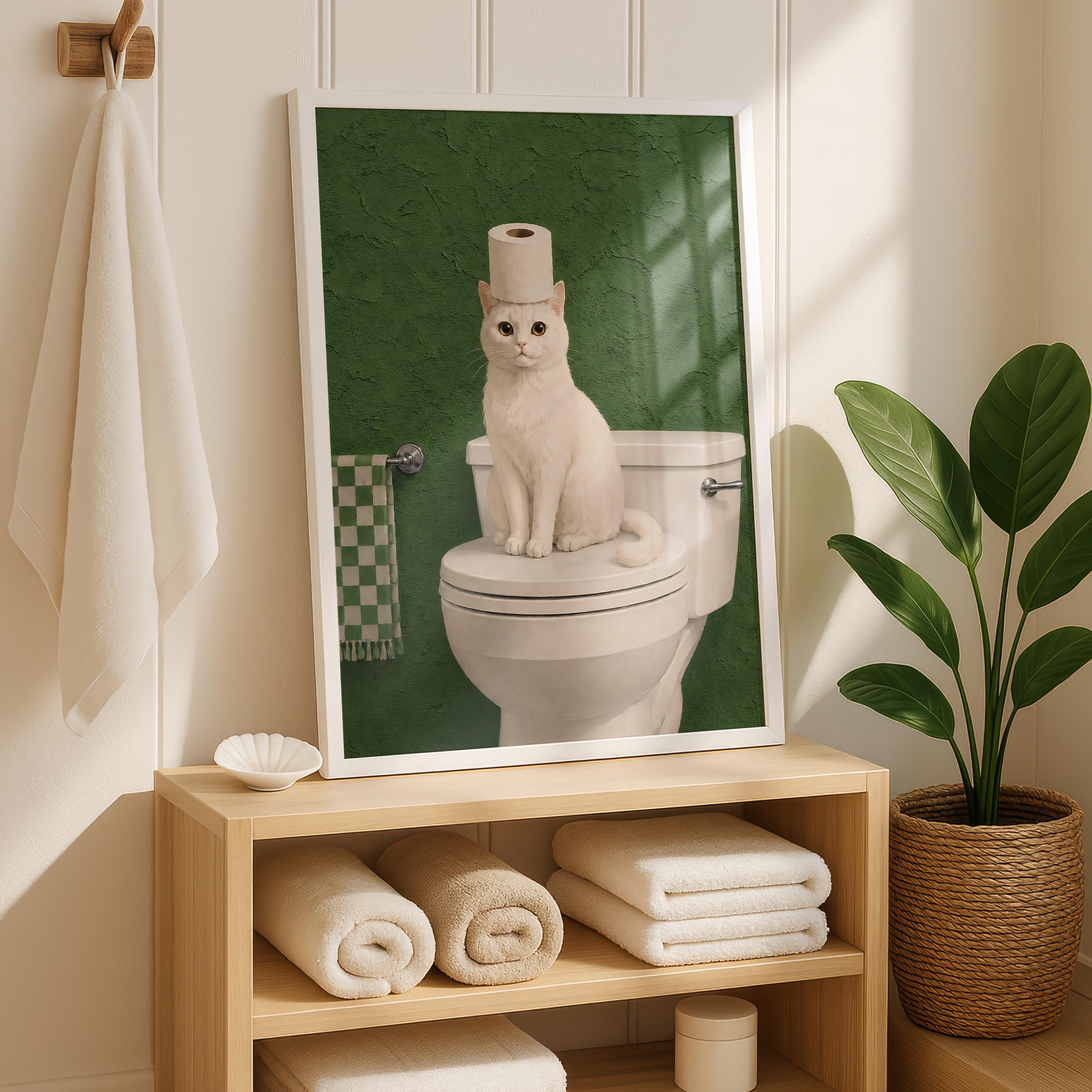 Funny Cat Bathroom Print, Green Bathroom Decor, White Cat Wall Art, Toilet Paper Cat Poster, Sage Green Bathroom Art, Humor Cat Lover Gift