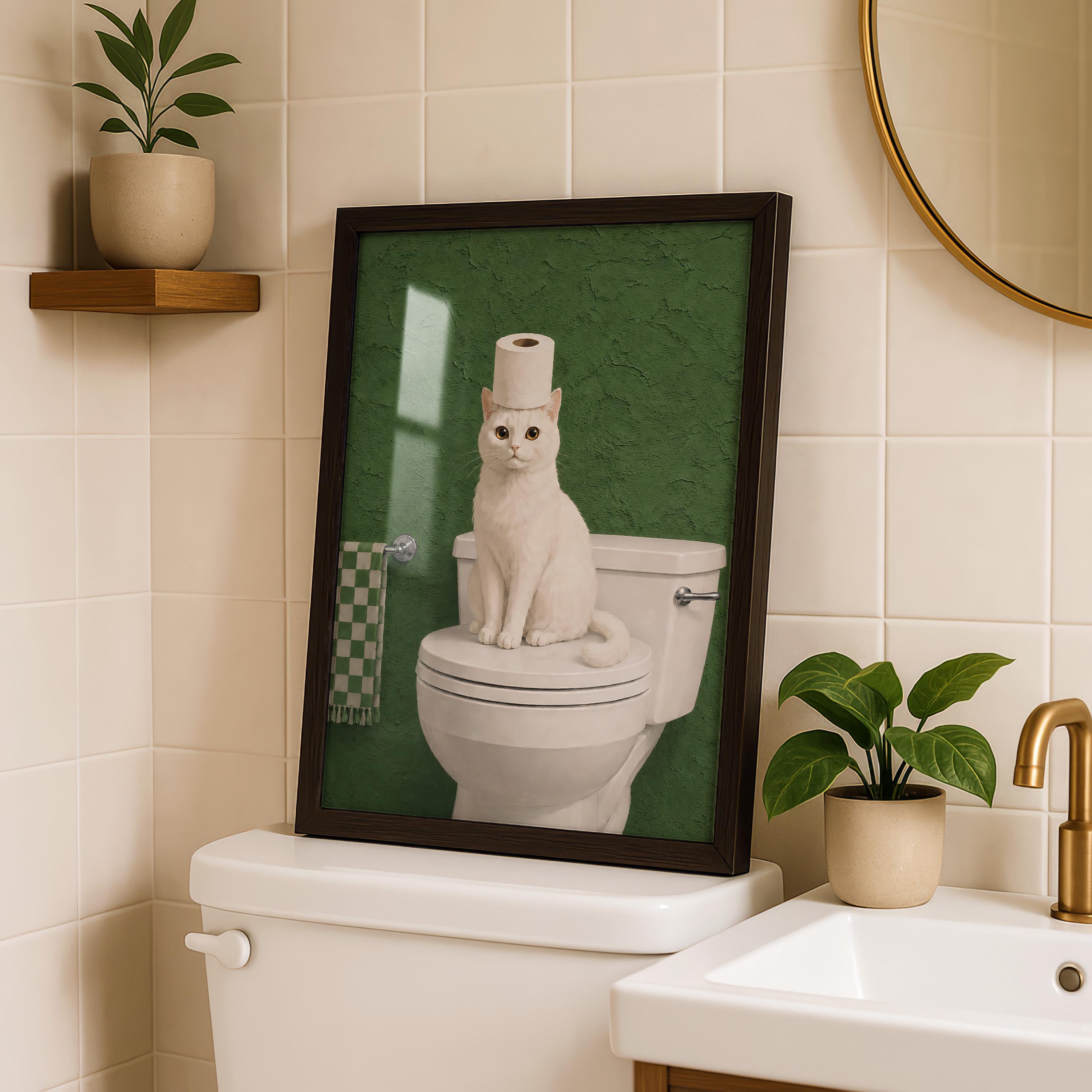 Funny Cat Bathroom Print, Green Bathroom Decor, White Cat Wall Art, Toilet Paper Cat Poster, Sage Green Bathroom Art, Humor Cat Lover Gift