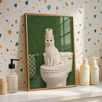 Funny Cat Bathroom Print, Green Bathroom Decor, White Cat Wall Art, Toilet Paper Cat Poster, Sage Green Bathroom Art, Humor Cat Lover Gift
