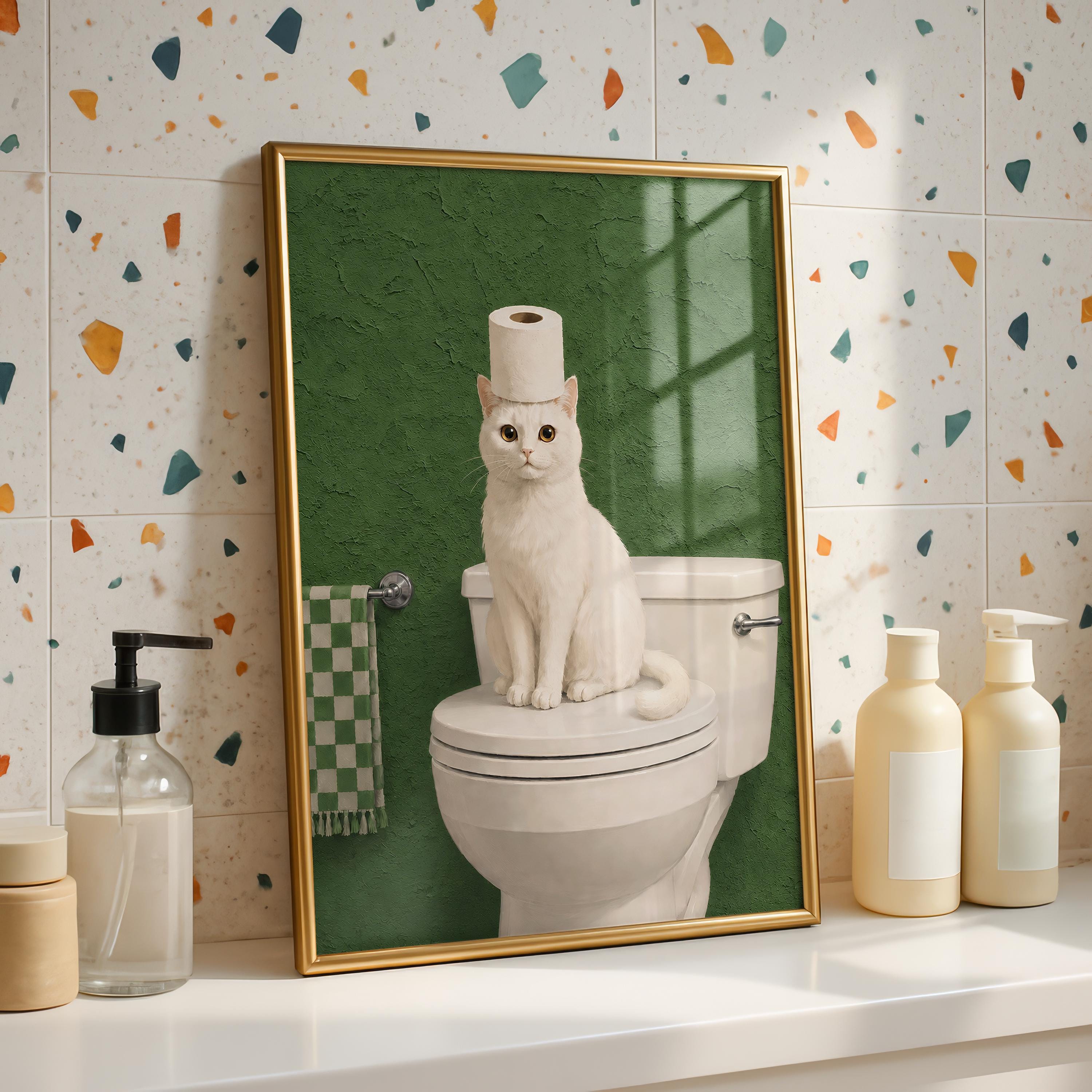 Funny Cat Bathroom Print, Green Bathroom Decor, White Cat Wall Art, Toilet Paper Cat Poster, Sage Green Bathroom Art, Humor Cat Lover Gift