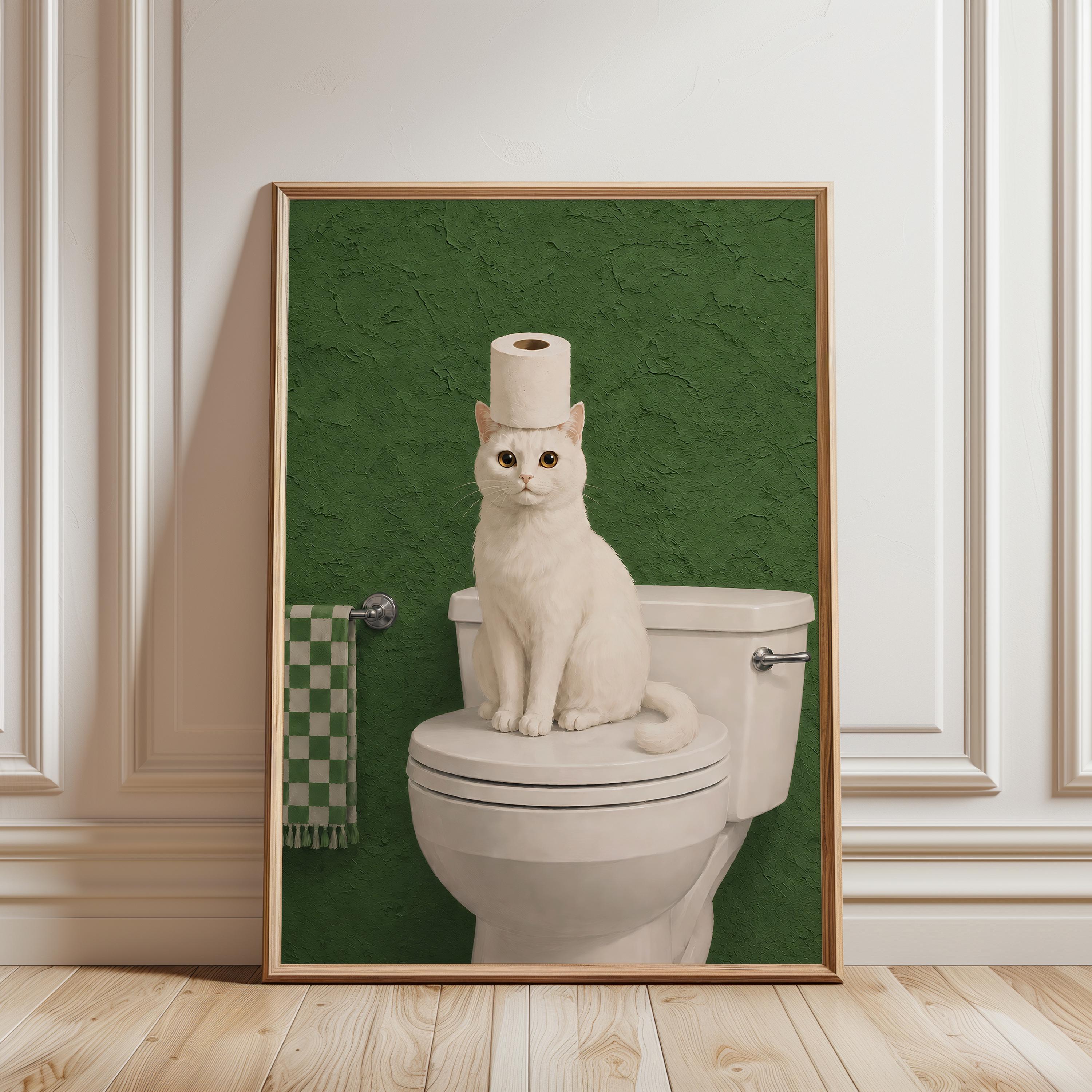 Funny Cat Bathroom Print, Green Bathroom Decor, White Cat Wall Art, Toilet Paper Cat Poster, Sage Green Bathroom Art, Humor Cat Lover Gift