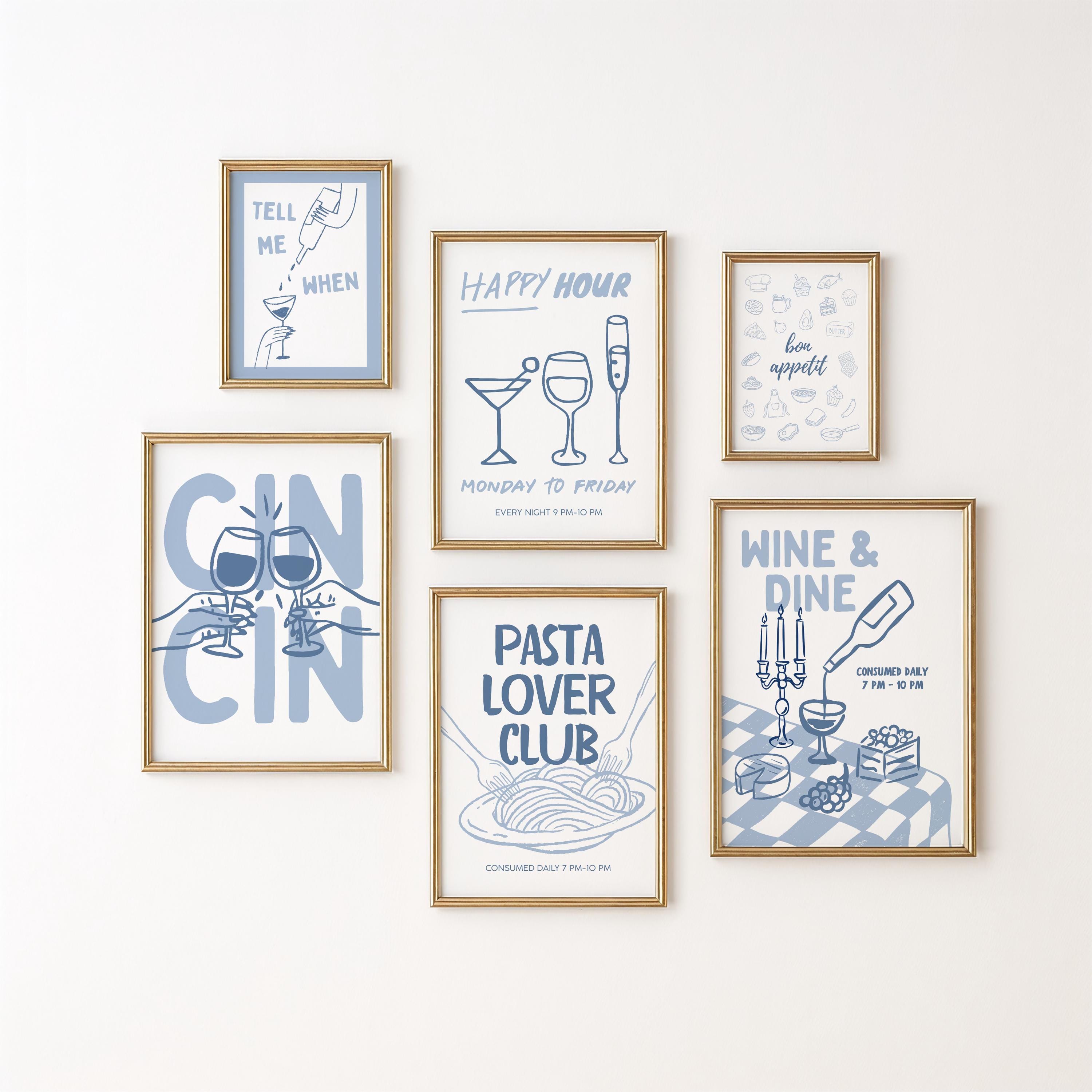 Kitchen Wall Art Set of 12, Italian Kitchen Prints, Retro Food Poster Bundle, Pasta & Wine Gallery Wall, Blue Kitchen Decor, Printable Art