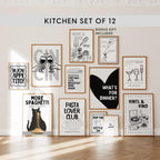 Kitchen Wall Art Set of 12, Black White Kitchen Prints, Italian Food Poster Bundle, Pasta & Wine Gallery Wall, Modern Kitchen Decor Set