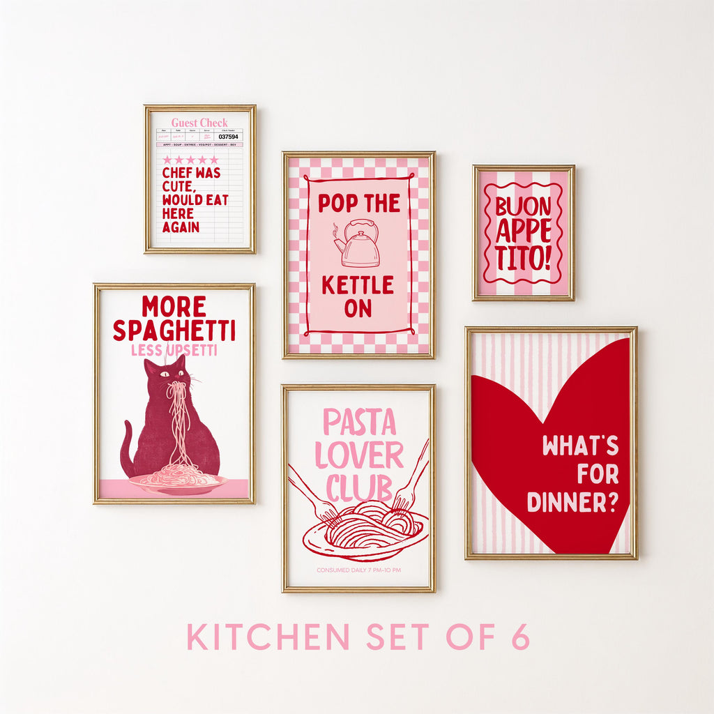 Pink Kitchen Wall Art Set of 6, Girly Kitchen Prints, Coquette Food Poster Bundle, Cute Kitchen Gallery Wall, Retro Printable Decor
