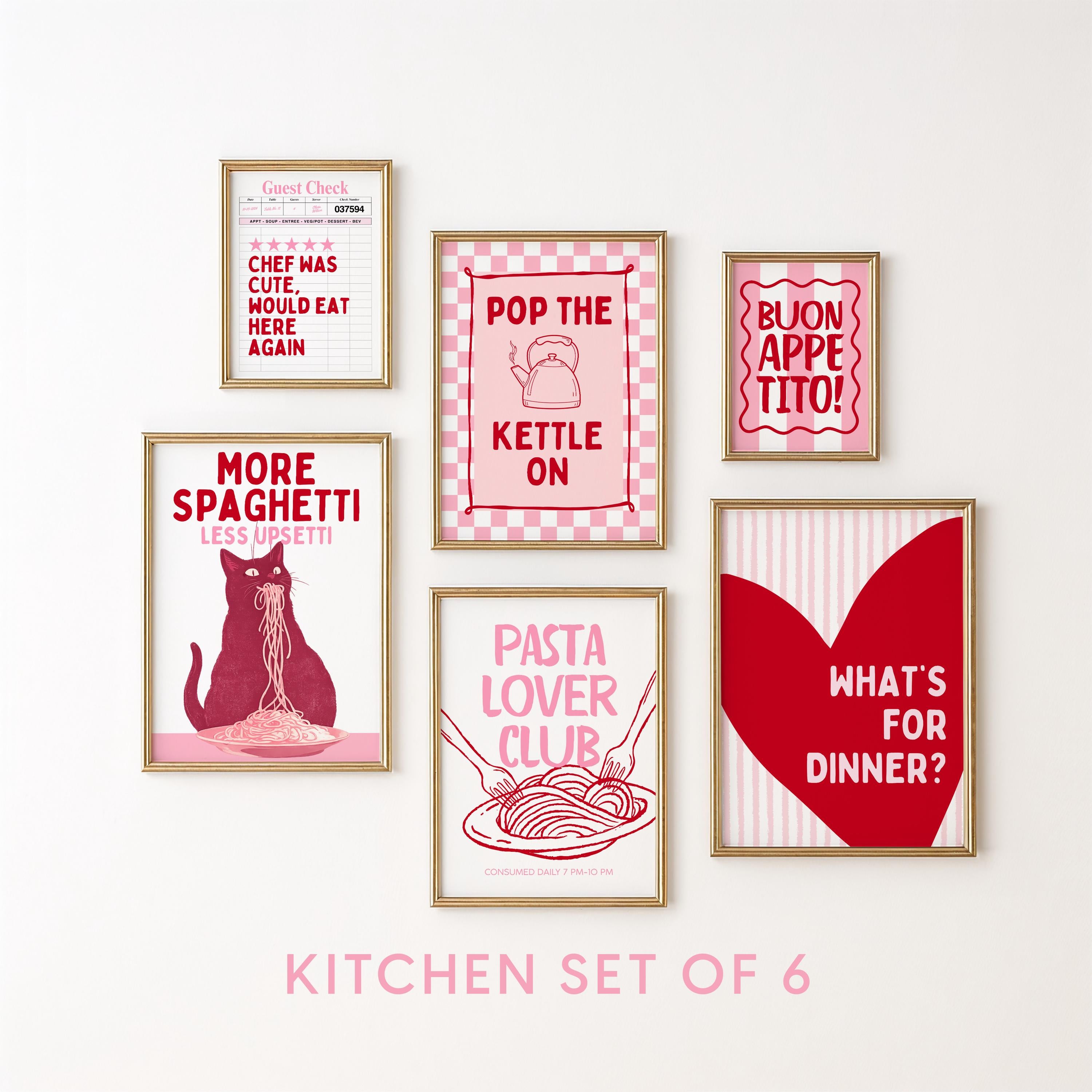 Pink Kitchen Wall Art Set of 6, Girly Kitchen Prints, Coquette Food Poster Bundle, Cute Kitchen Gallery Wall, Retro Printable Decor