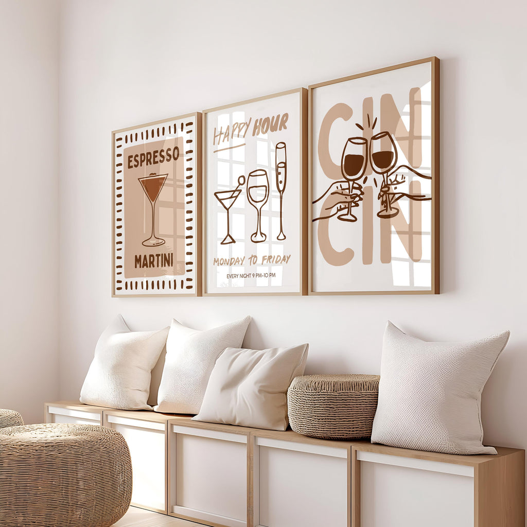 Neutral Bar Cart Wall Art Set of 6, Wine & Cocktail Prints, Coffee Bar Decor, Modern Bar Gallery Wall, Printable Kitchen Art