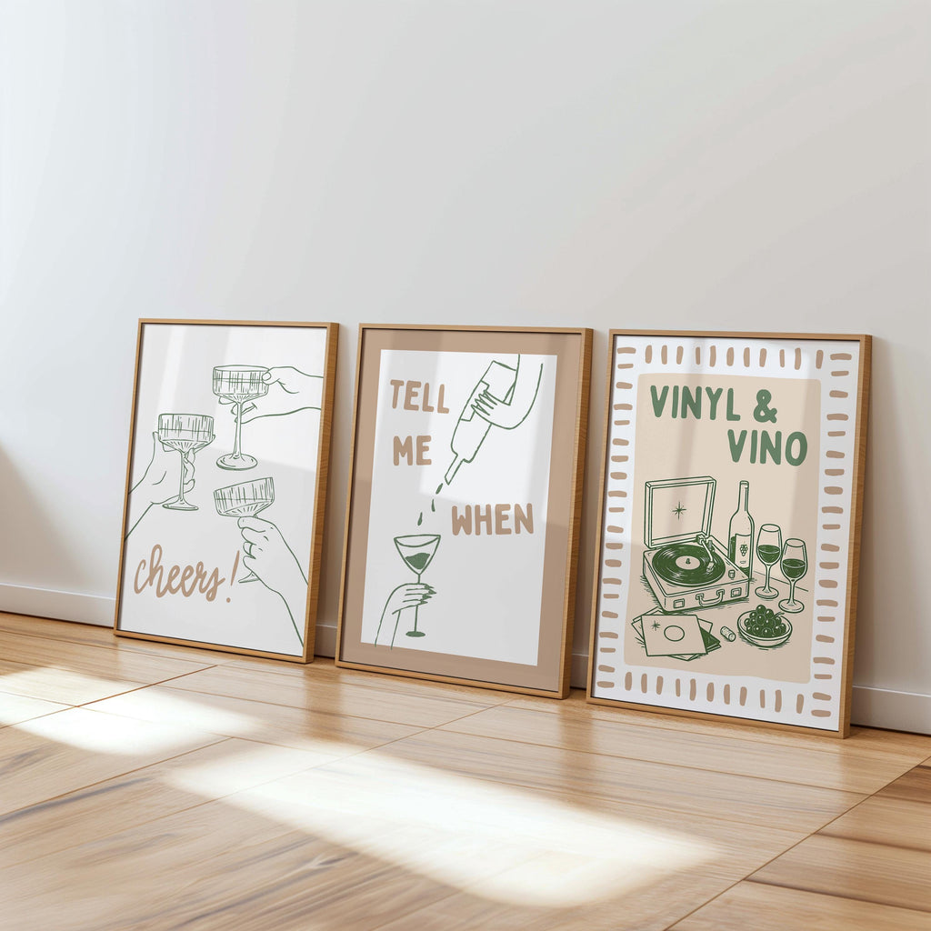Sage Green Bar Cart Wall Art Set of 6, Wine & Vinyl Prints, Cocktail Bar Decor, Retro Gallery Wall, Printable Bar Cart Art, Vinyl Vino Art